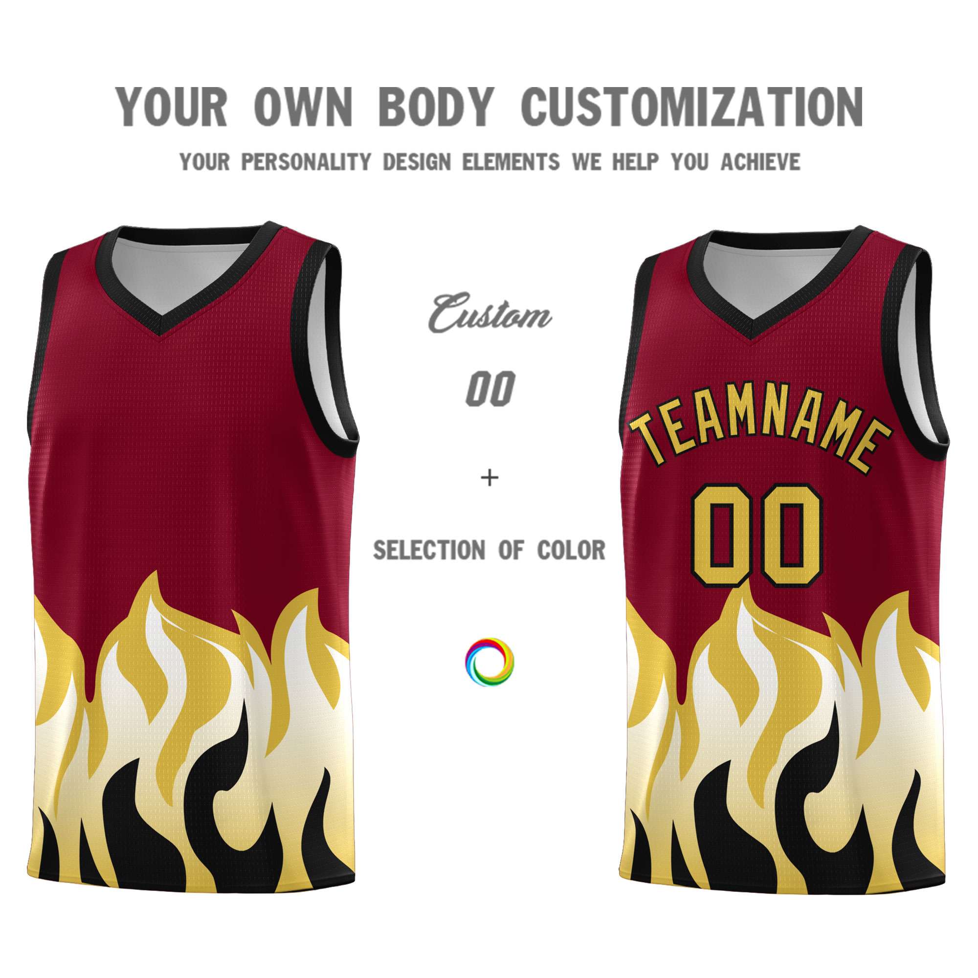 Custom Crimson Old Gold Hem Flame Pattern Fashion Sports Uniform Basketball Kits