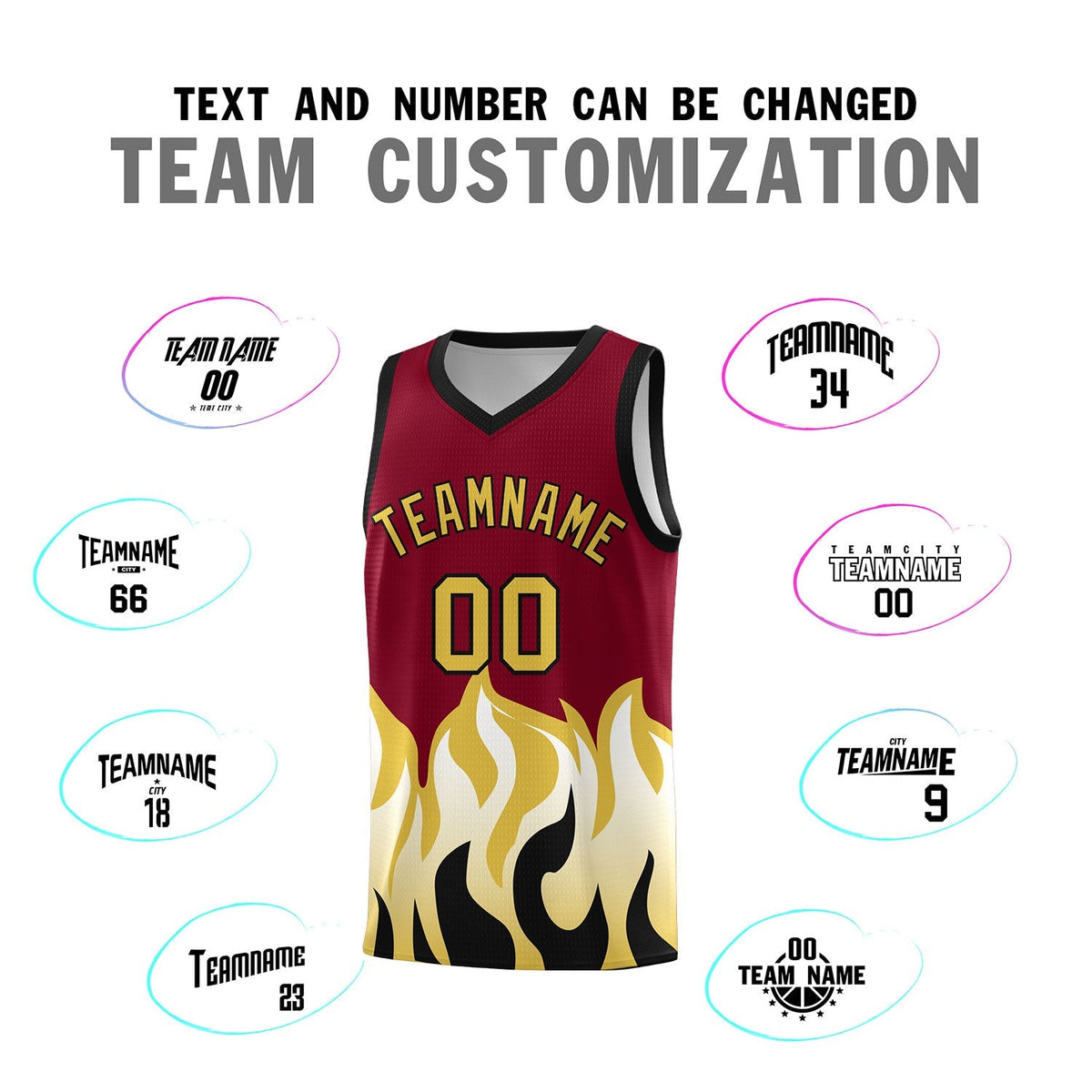 Custom Crimson Old Gold Hem Flame Pattern Fashion Sports Uniform Basketball Kits