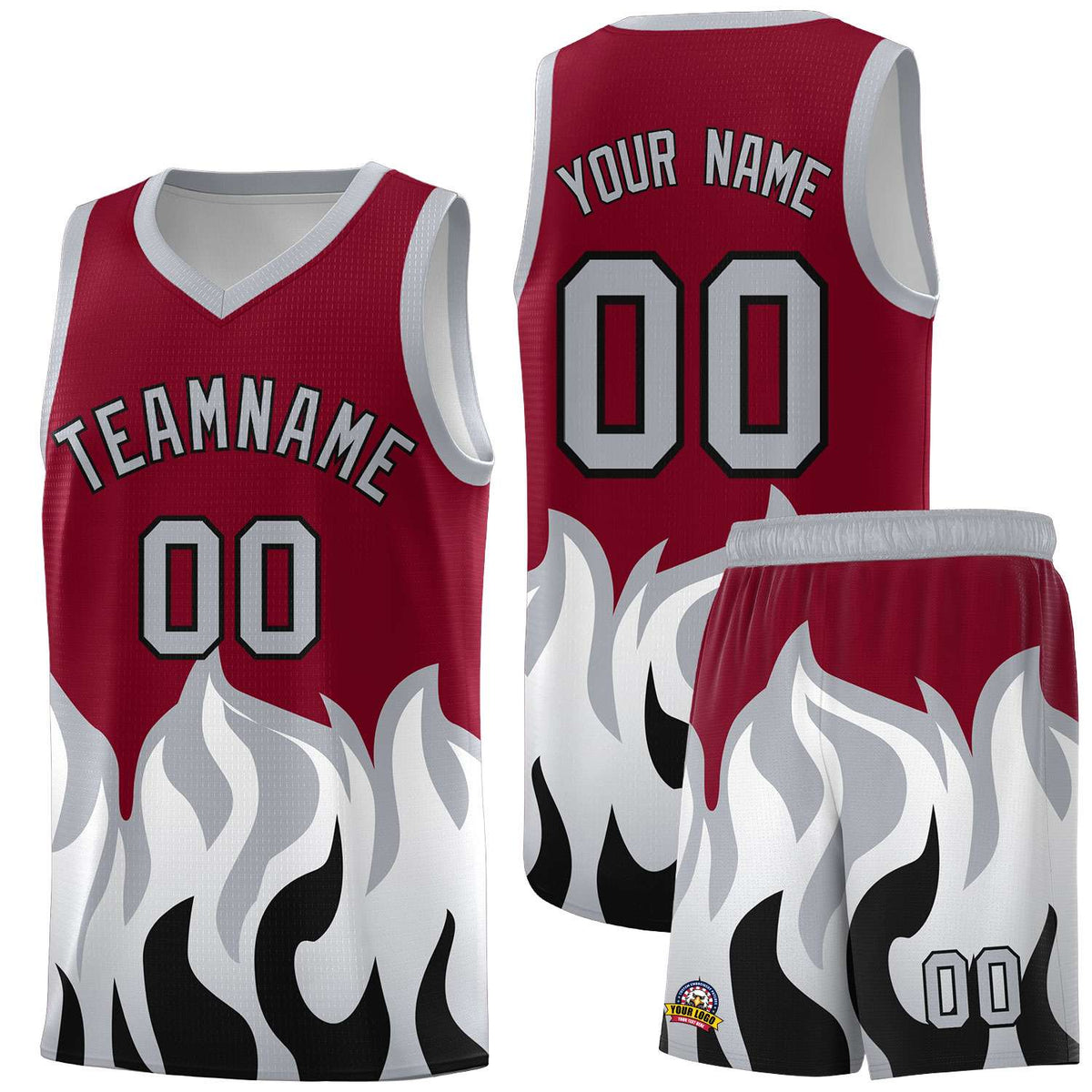 Custom Crimson Gray Hem Flame Pattern Fashion Sports Uniform Basketball Kits