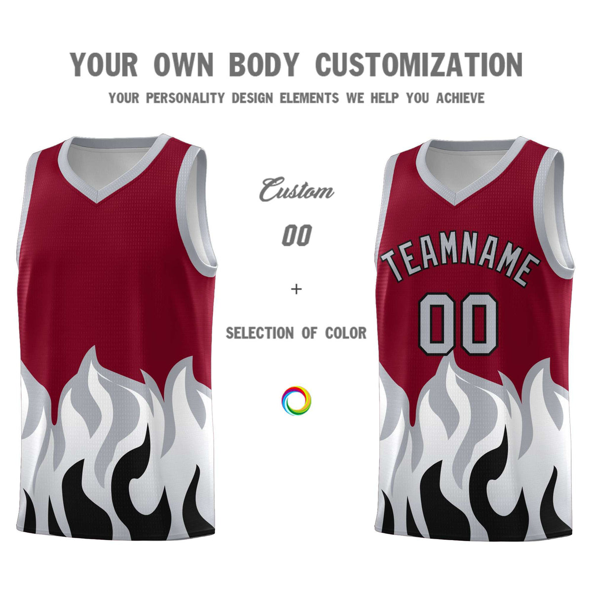 Custom Crimson Gray Hem Flame Pattern Fashion Sports Uniform Basketball Kits