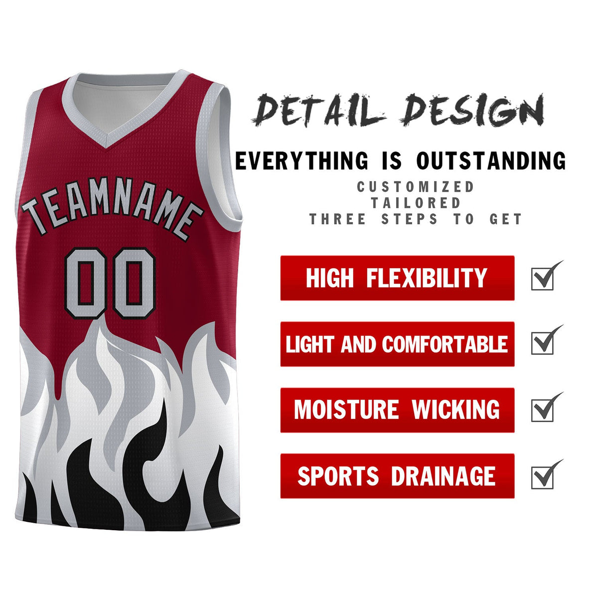 Custom Crimson Gray Hem Flame Pattern Fashion Sports Uniform Basketball Kits