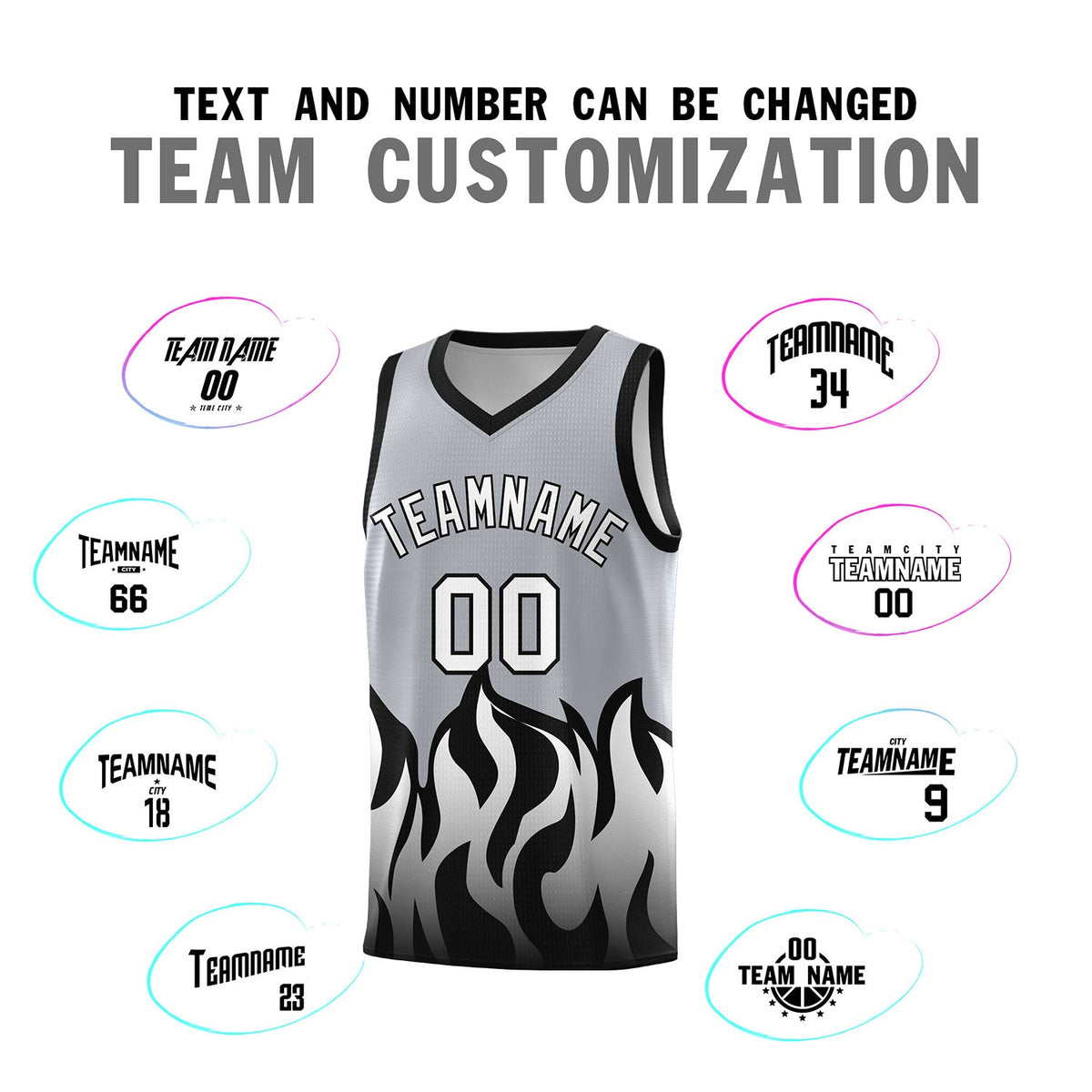 Custom Gray Black Hem Flame Pattern Fashion Sports Uniform Basketball Kits