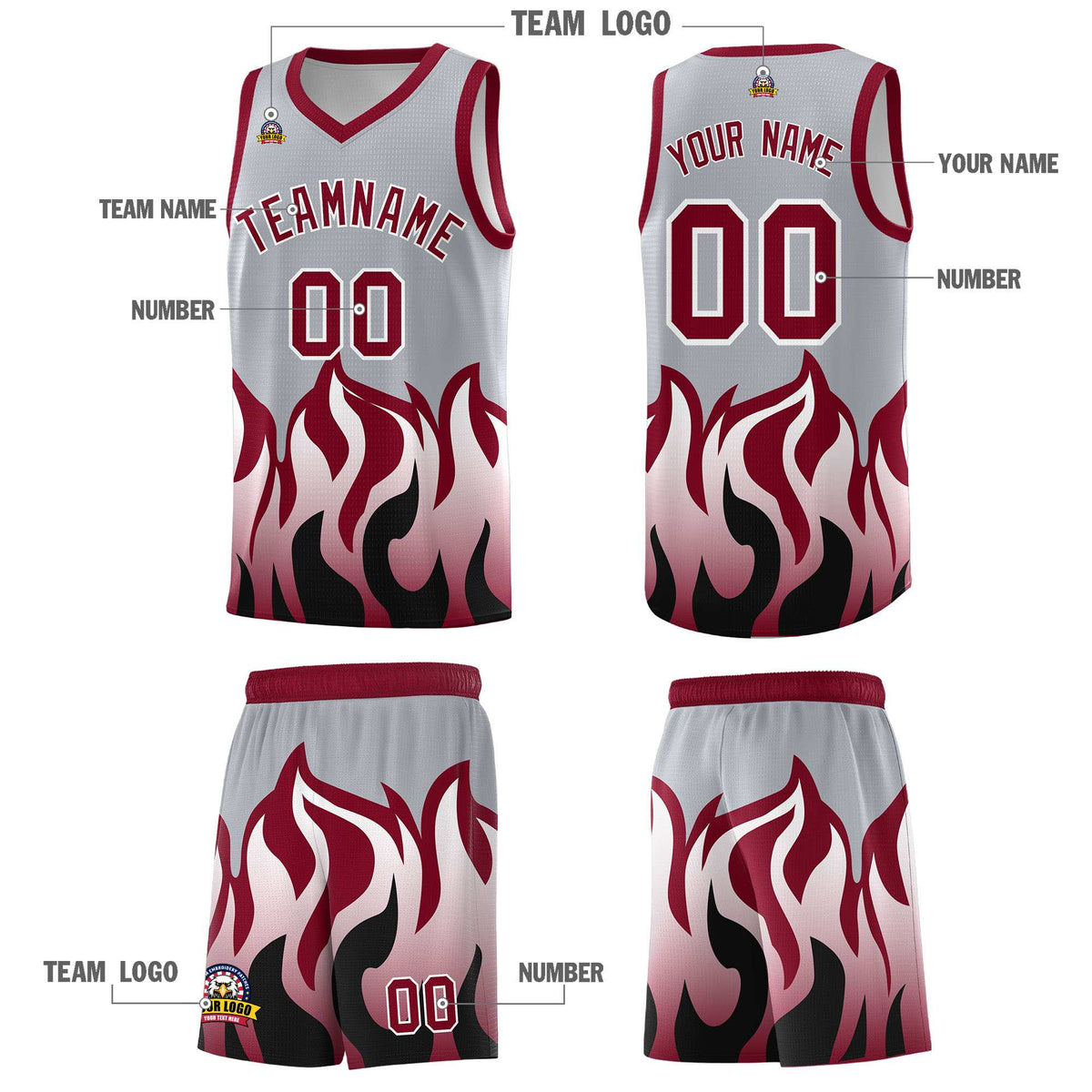 Custom Gray Crimson Hem Flame Pattern Fashion Sports Uniform Basketball Kits