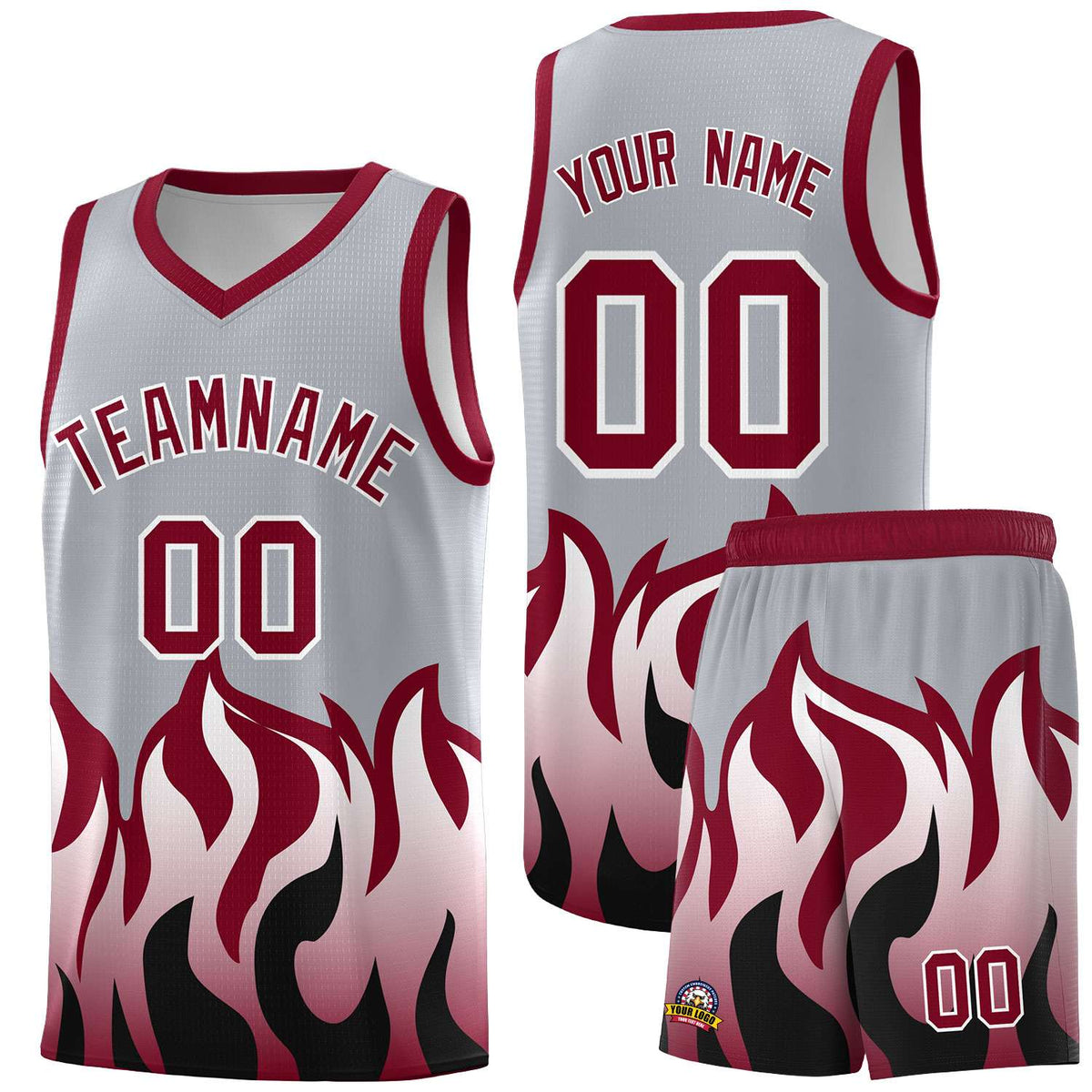Custom Gray Crimson Hem Flame Pattern Fashion Sports Uniform Basketball Kits