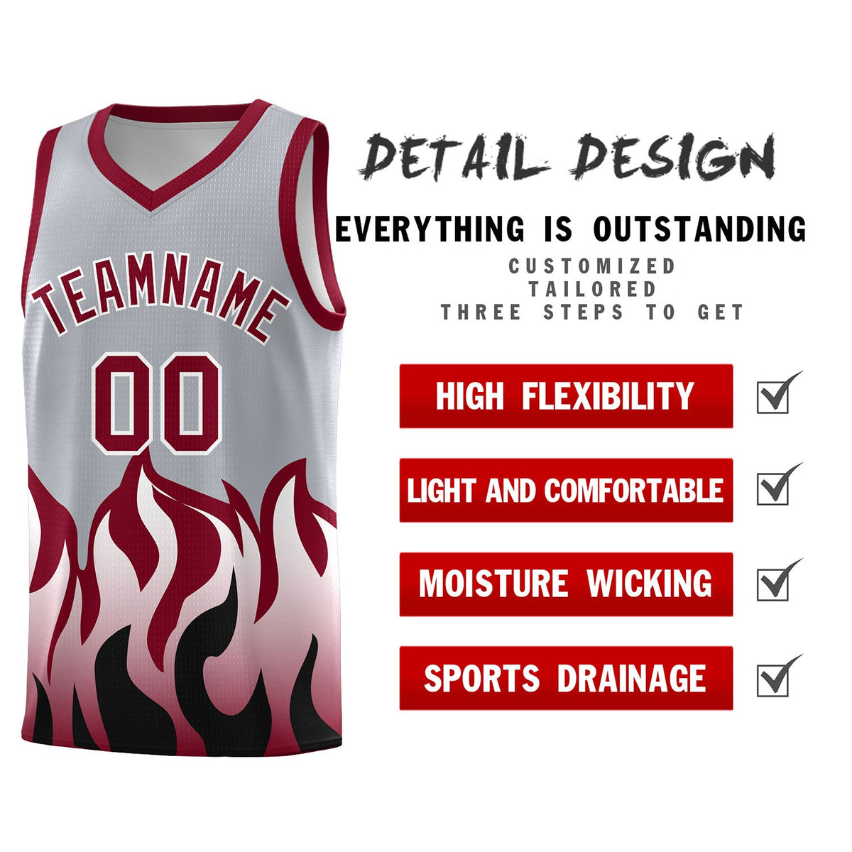 Custom Gray Crimson Hem Flame Pattern Fashion Sports Uniform Basketball Kits