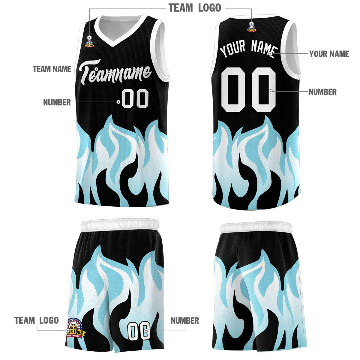 Custom Black Sky Blue Hem Flame Pattern Fashion Sports Uniform Basketball Kits