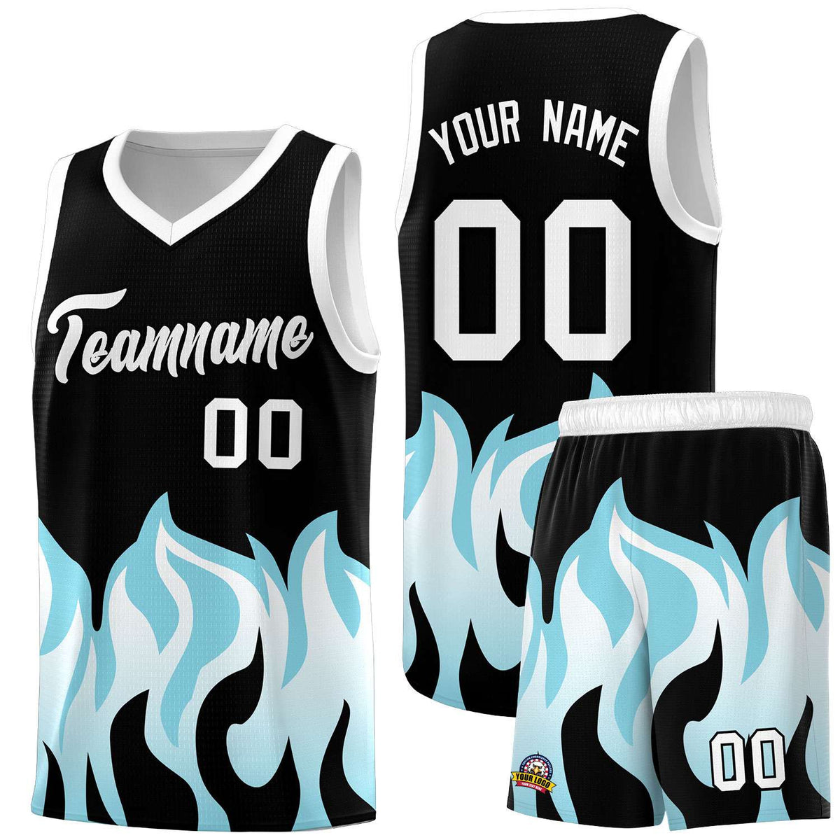 Custom Black Sky Blue Hem Flame Pattern Fashion Sports Uniform Basketball Kits