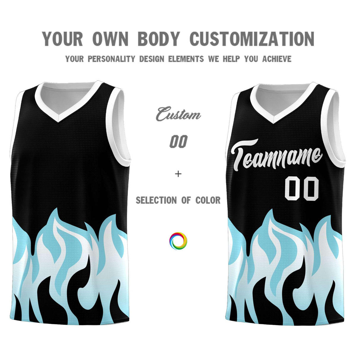 Custom Black Sky Blue Hem Flame Pattern Fashion Sports Uniform Basketball Kits