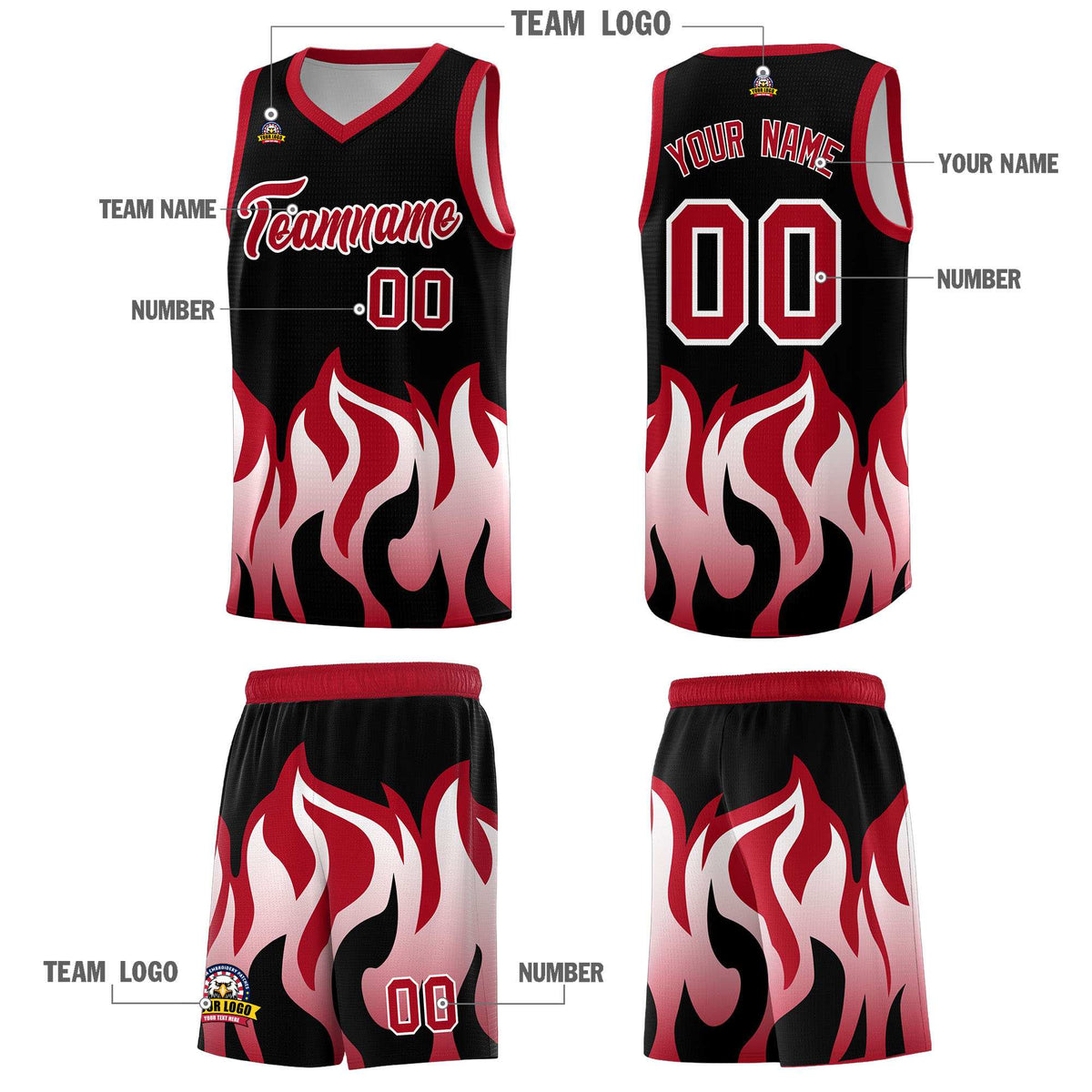 Custom Black Red Hem Flame Pattern Fashion Sports Uniform Basketball Kits