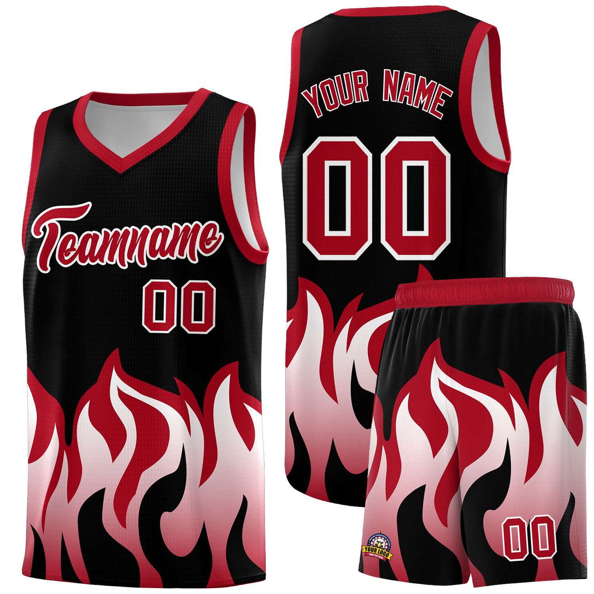 Custom Black Red Hem Flame Pattern Fashion Sports Uniform Basketball Kits