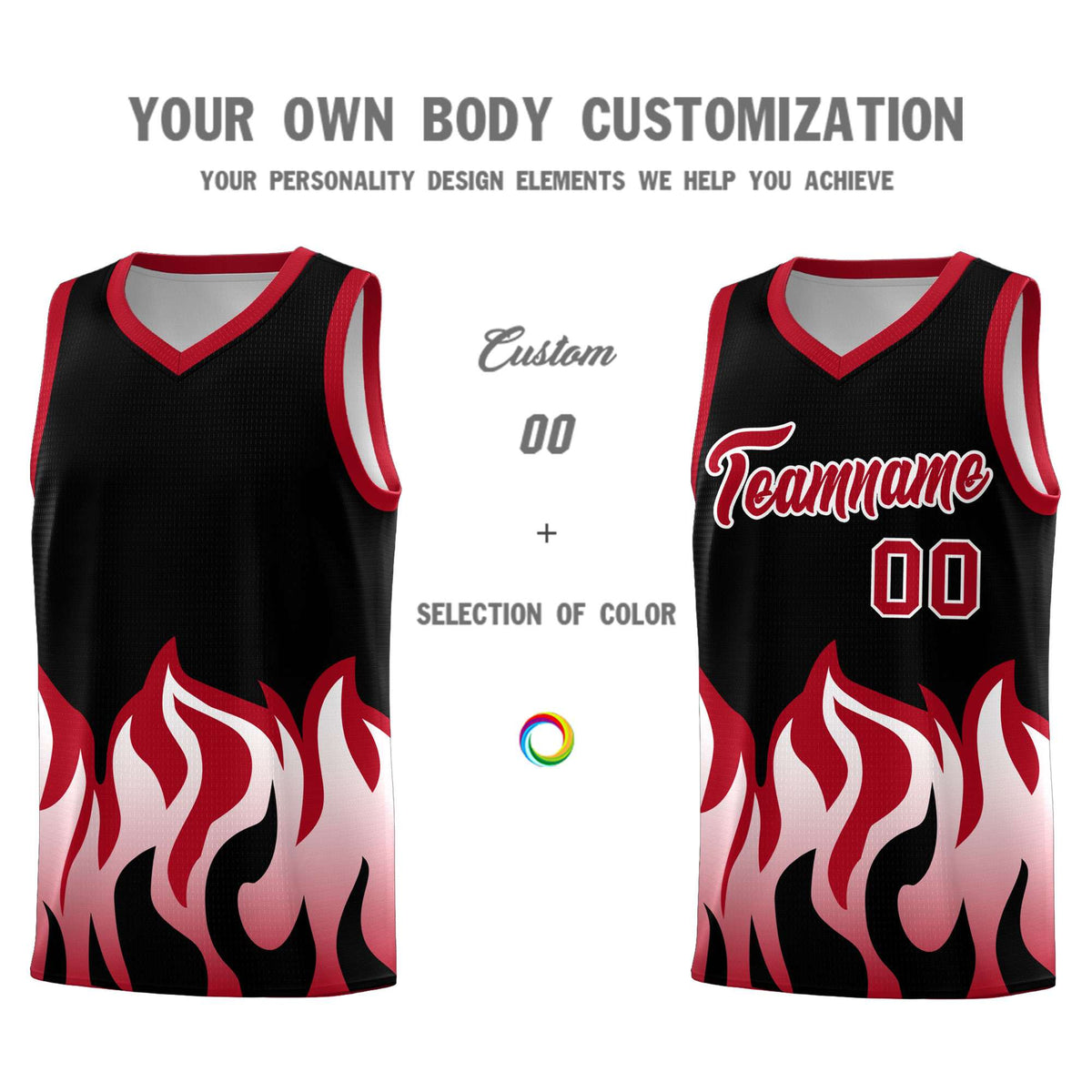 Custom Black Red Hem Flame Pattern Fashion Sports Uniform Basketball Kits
