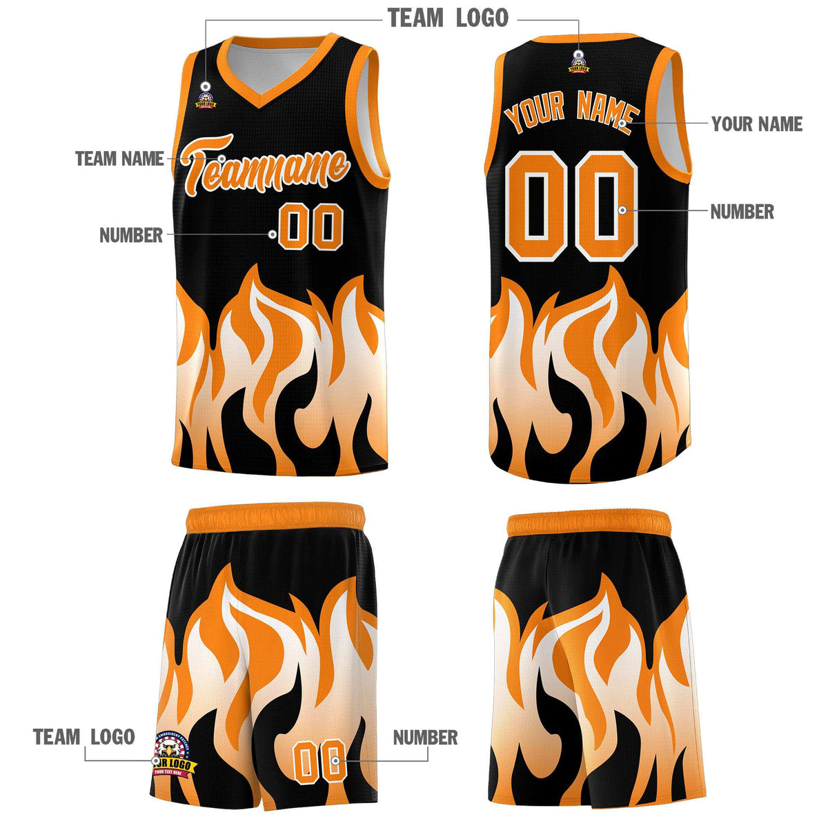 Custom Black Orange Hem Flame Pattern Fashion Sports Uniform Basketball Kits