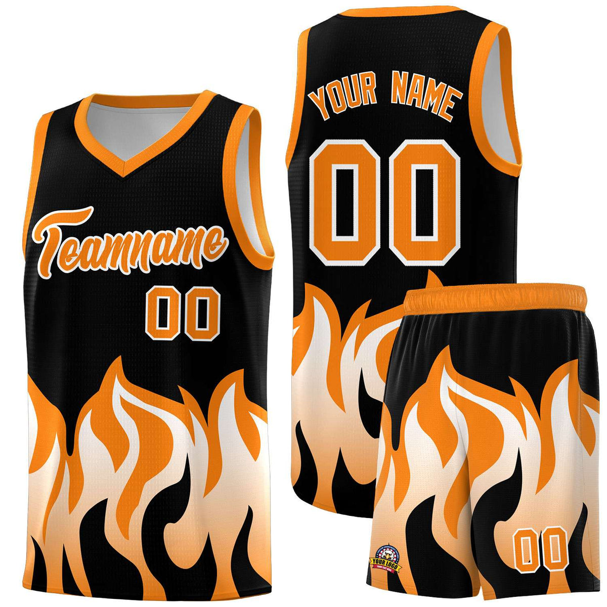 Custom Black Orange Hem Flame Pattern Fashion Sports Uniform Basketball Kits