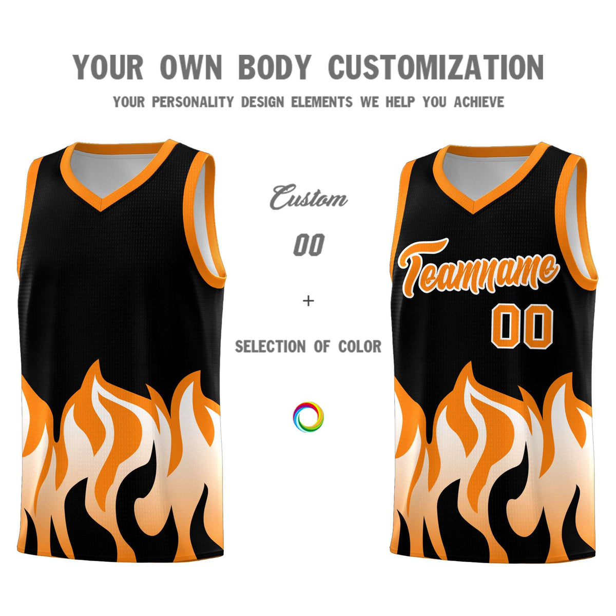 Custom Black Orange Hem Flame Pattern Fashion Sports Uniform Basketball Kits