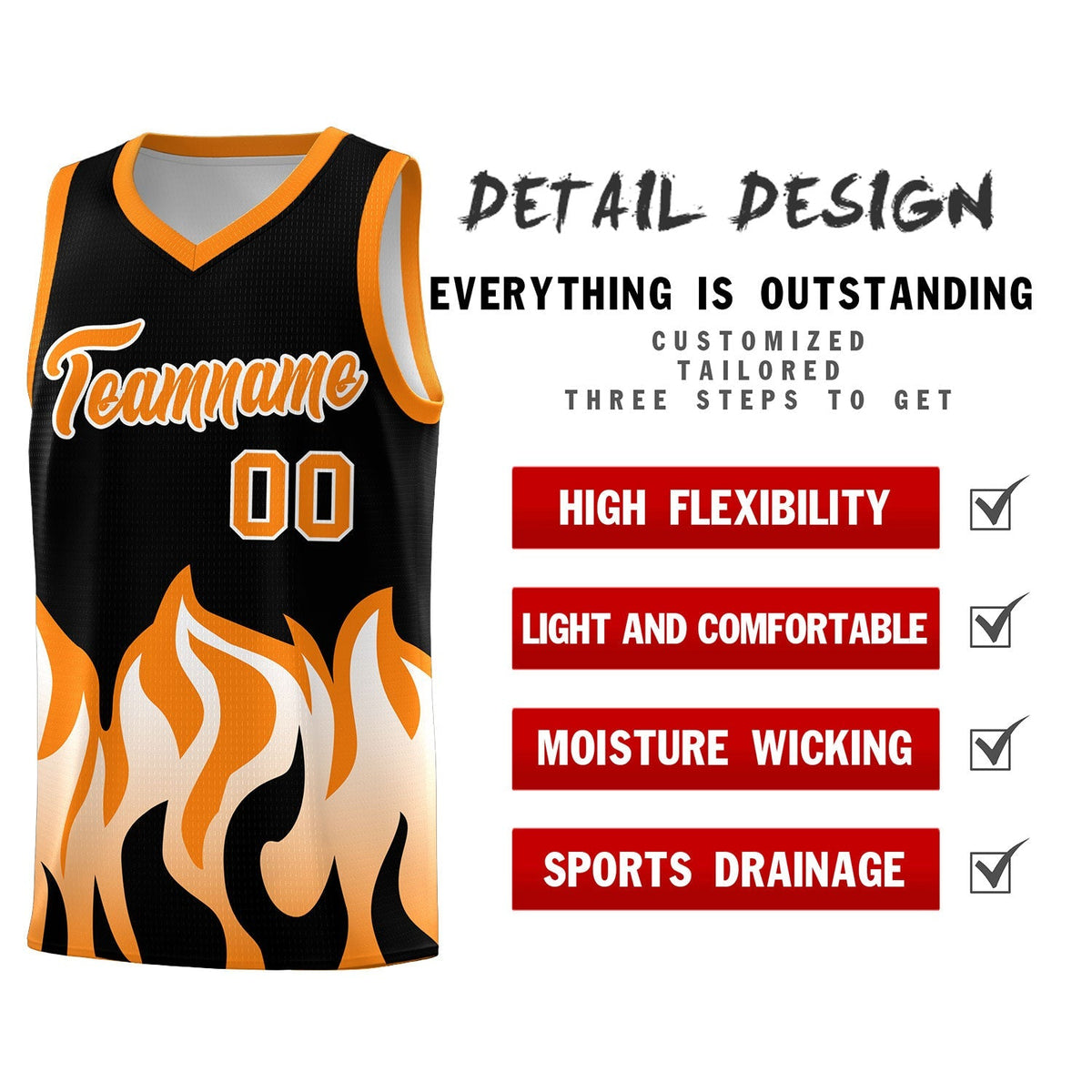 Custom Black Orange Hem Flame Pattern Fashion Sports Uniform Basketball Kits