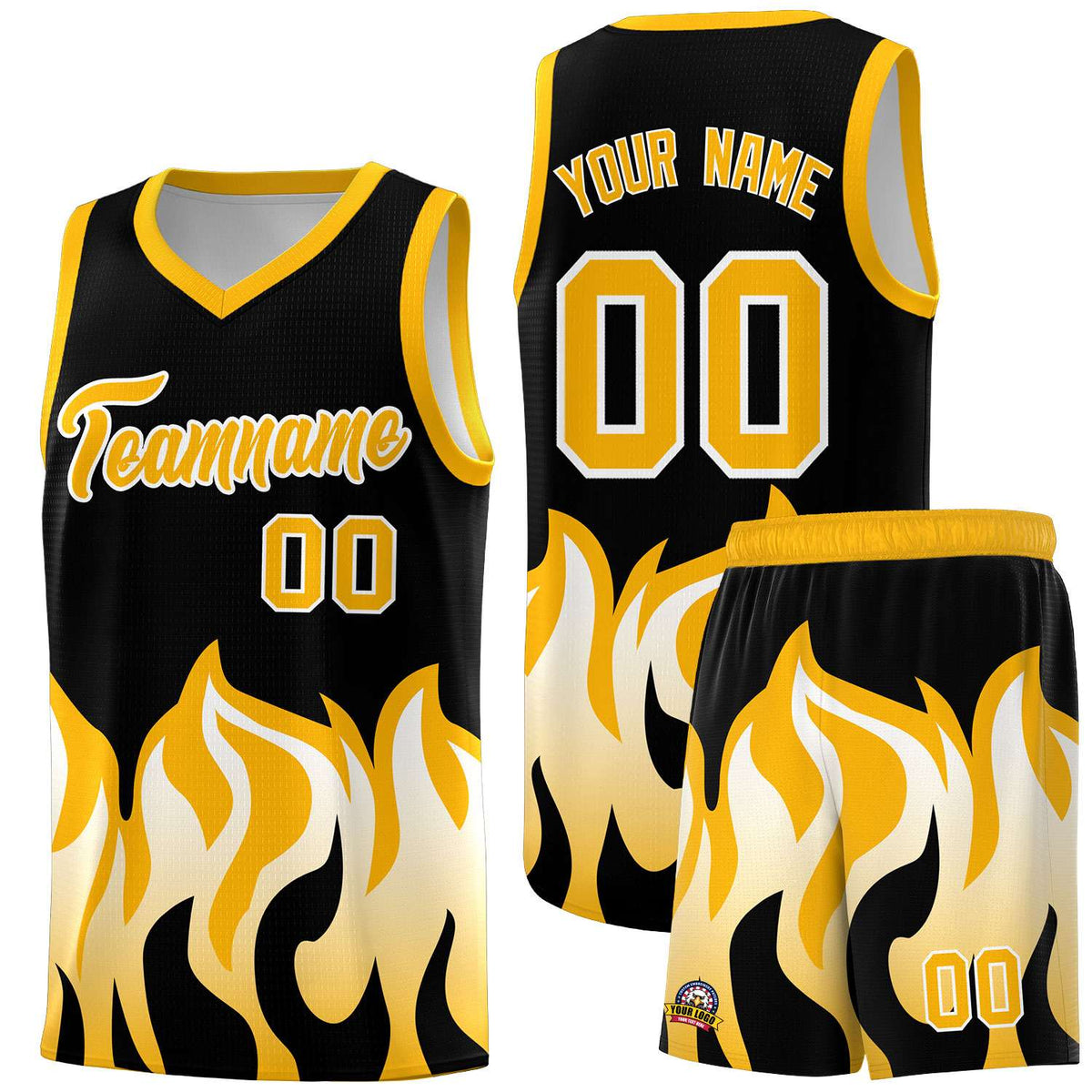 Custom Black Yellow Hem Flame Pattern Fashion Sports Uniform Basketball Kits