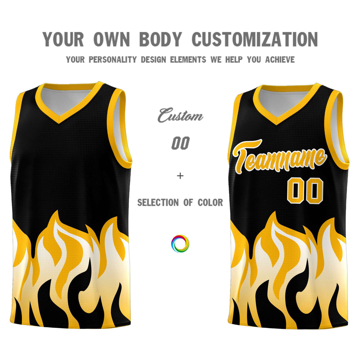 Custom Black Yellow Hem Flame Pattern Fashion Sports Uniform Basketball Kits