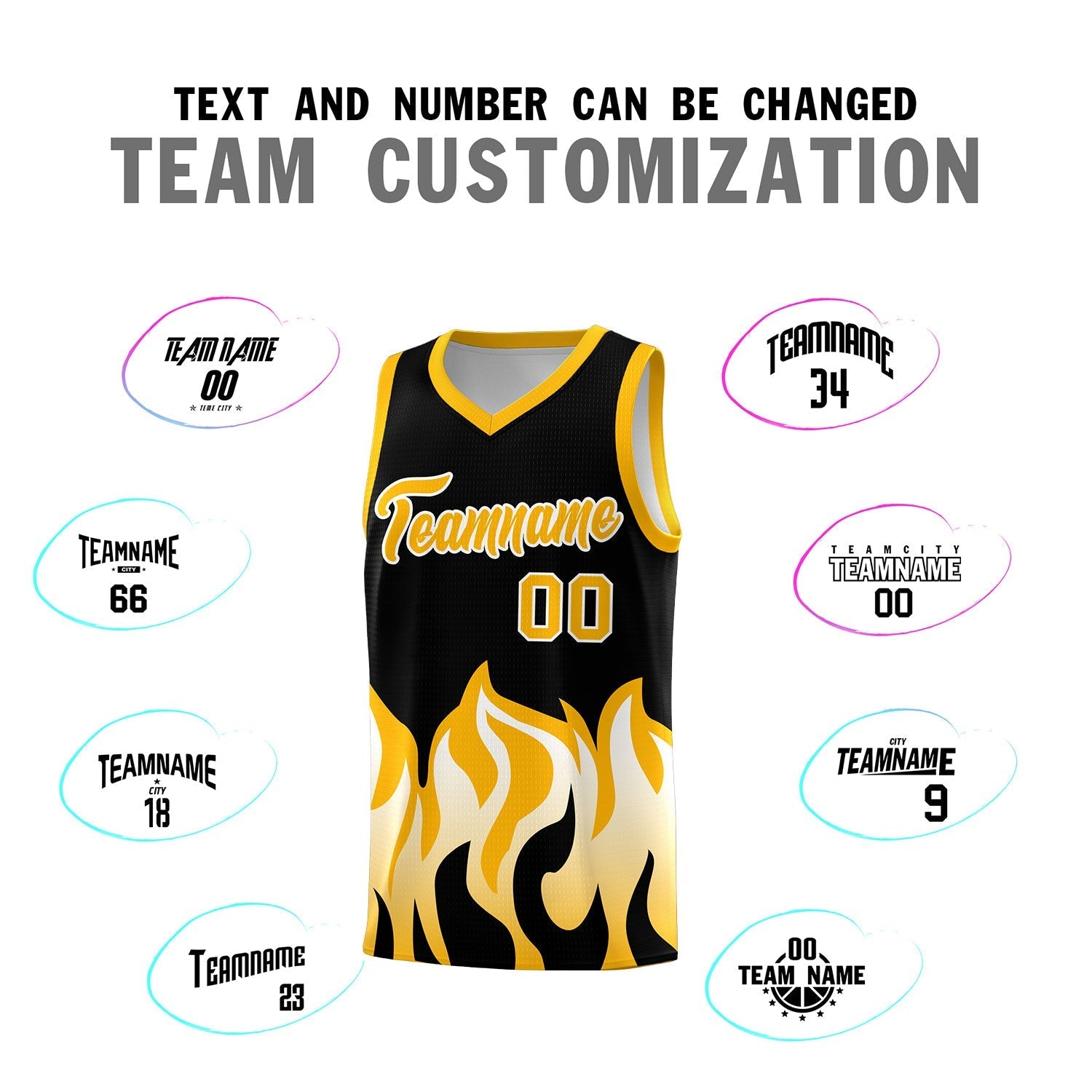 Custom Black Yellow Hem Flame Pattern Fashion Sports Uniform Basketball Kits