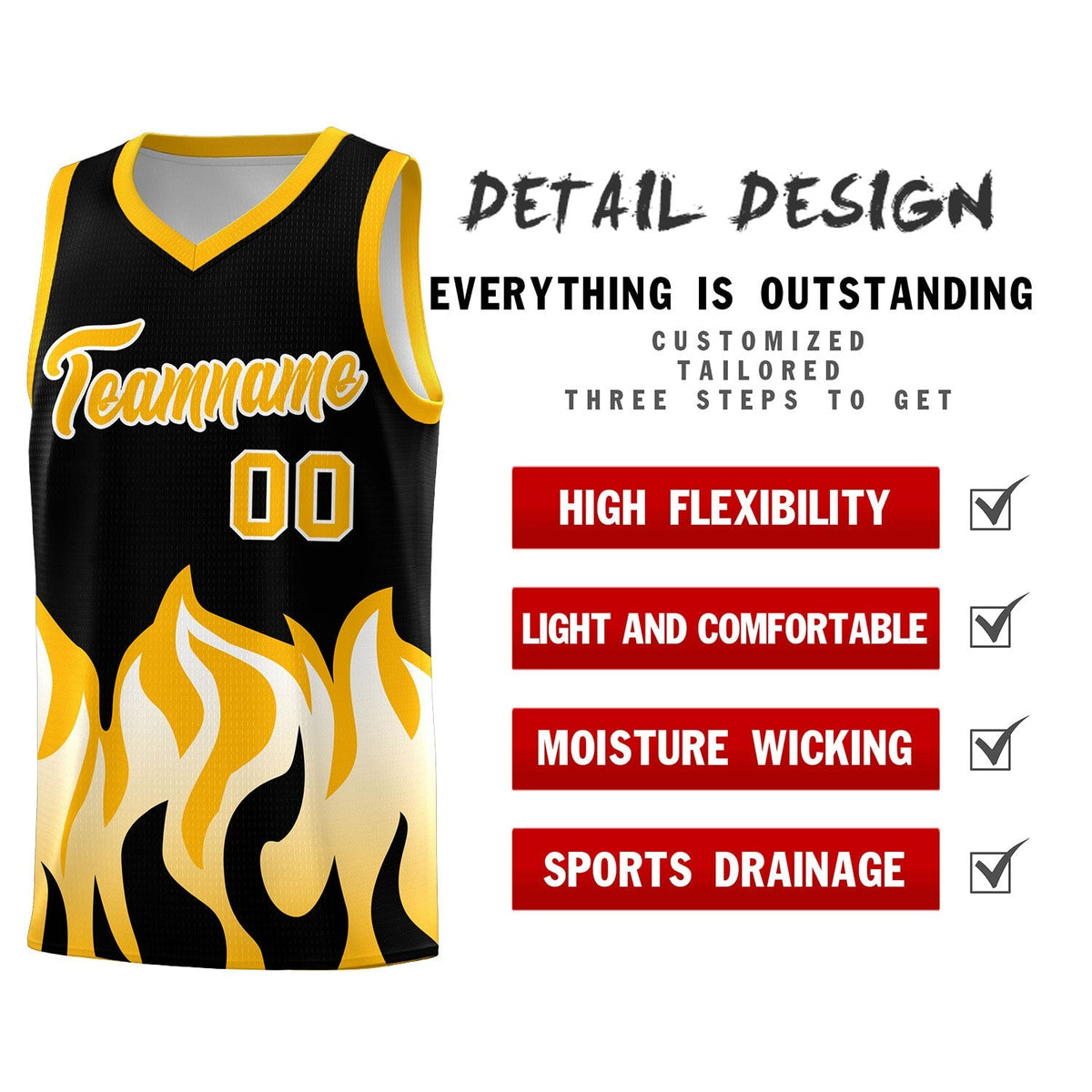 Custom Black Yellow Hem Flame Pattern Fashion Sports Uniform Basketball Kits