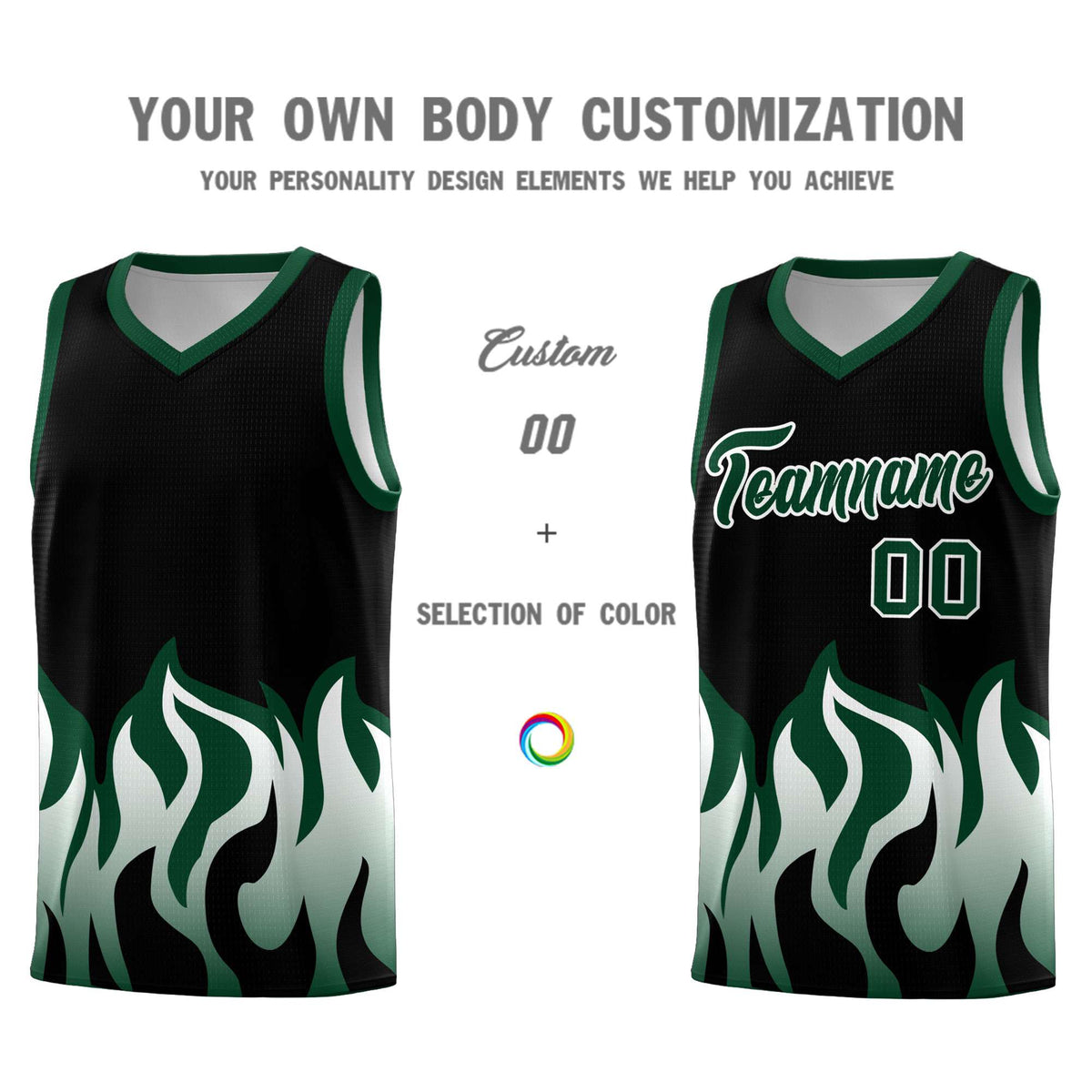 Custom Black Hunter Green Hem Flame Pattern Fashion Sports Uniform Basketball Kits
