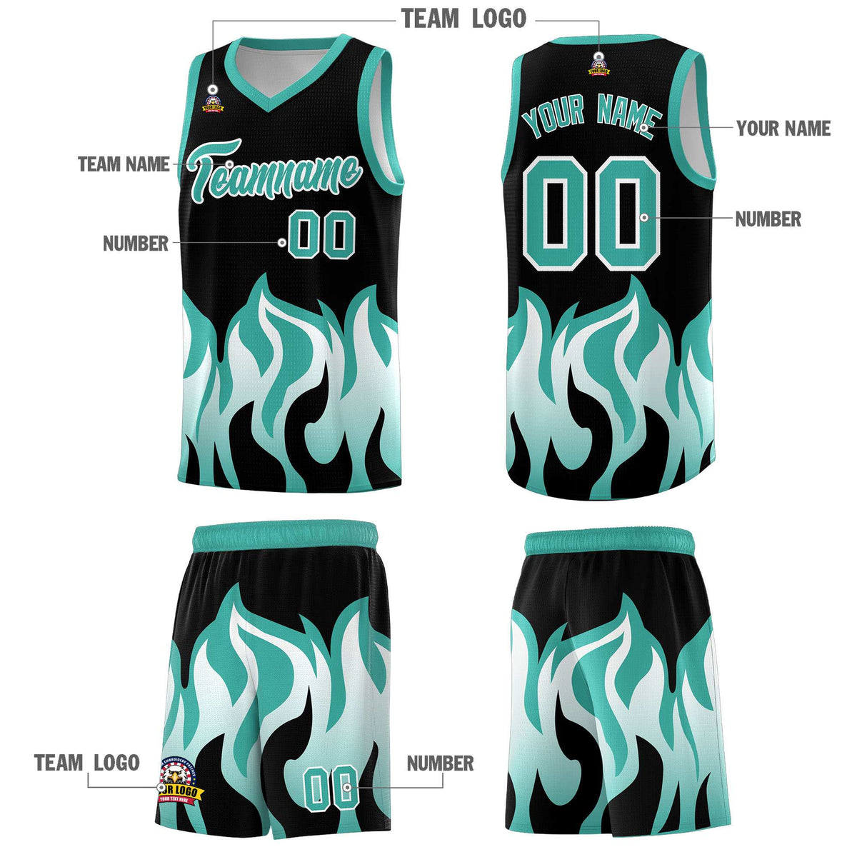 Custom Black Bright Green Hem Flame Pattern Fashion Sports Uniform Basketball Kits