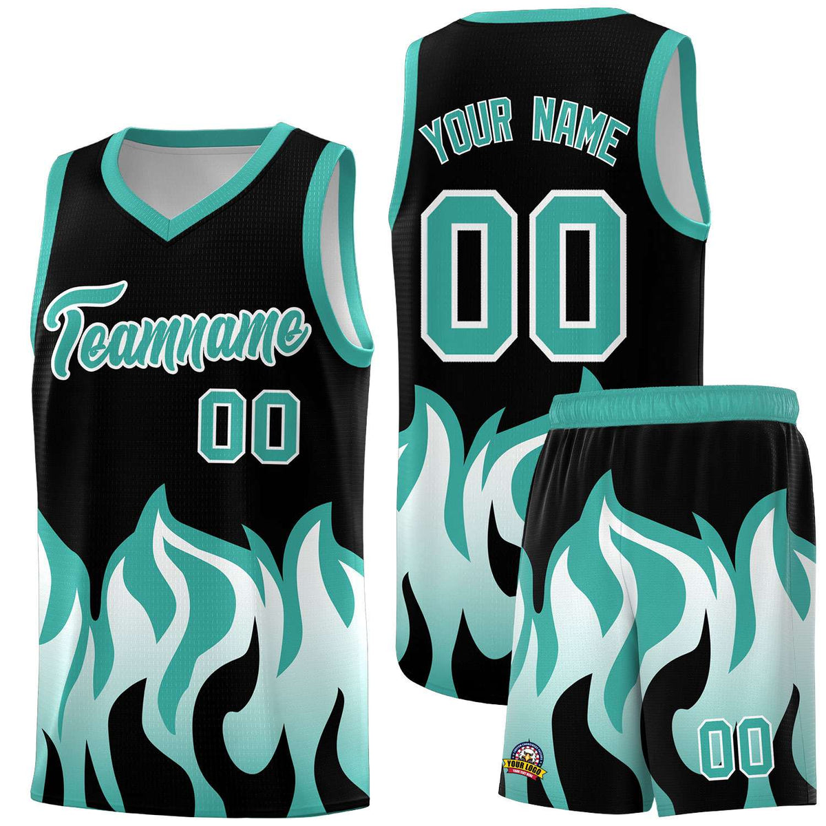 Custom Black Bright Green Hem Flame Pattern Fashion Sports Uniform Basketball Kits