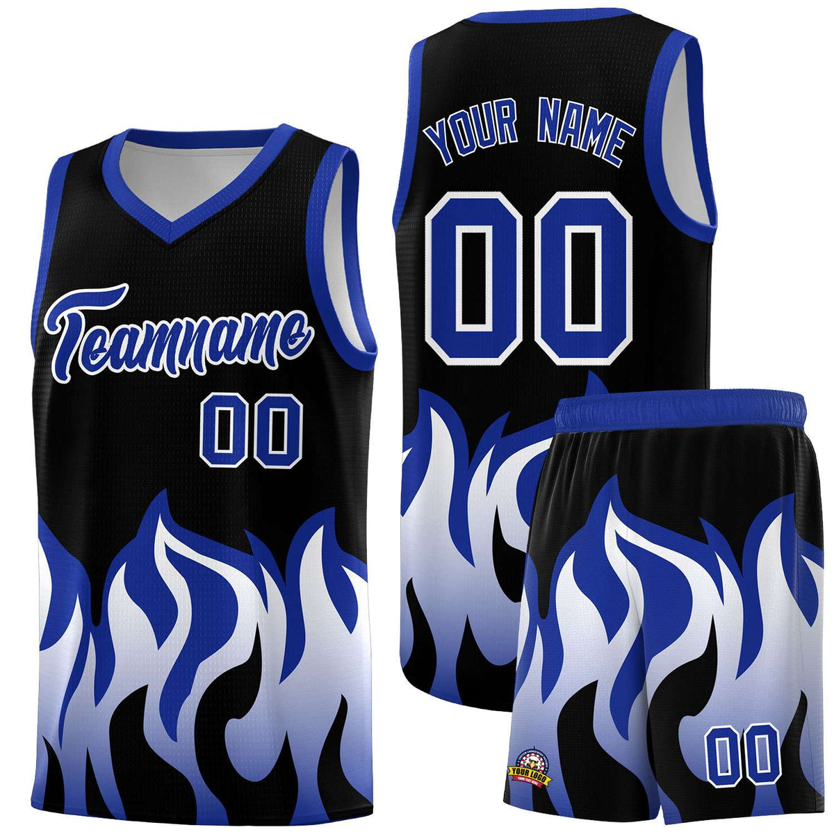 Custom Black Royal Hem Flame Pattern Fashion Sports Uniform Basketball Kits