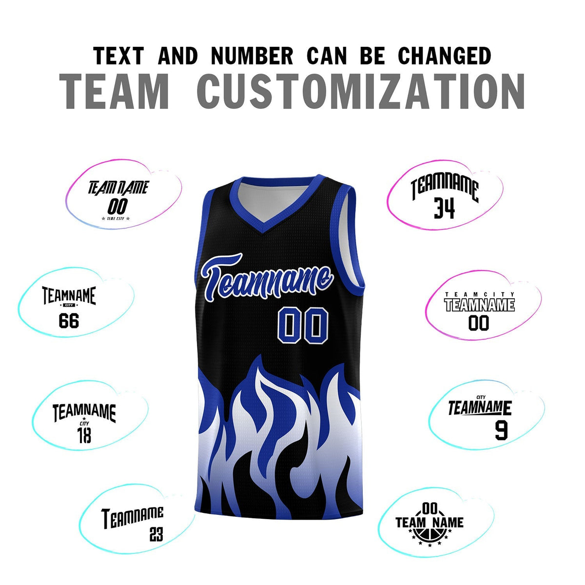 Custom Black Royal Hem Flame Pattern Fashion Sports Uniform Basketball Kits