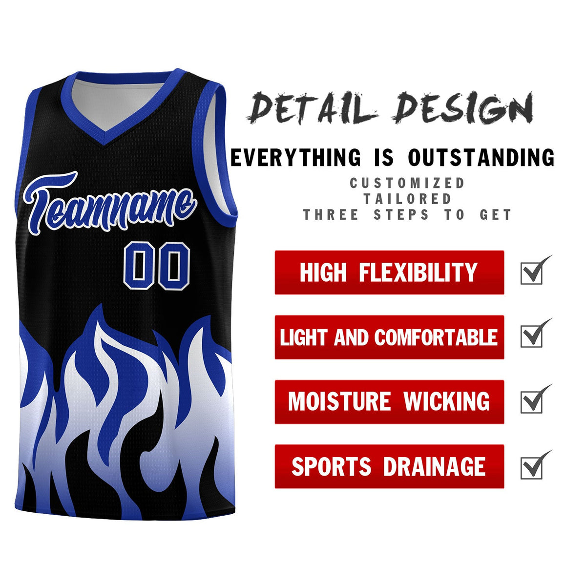 Custom Black Royal Hem Flame Pattern Fashion Sports Uniform Basketball Kits