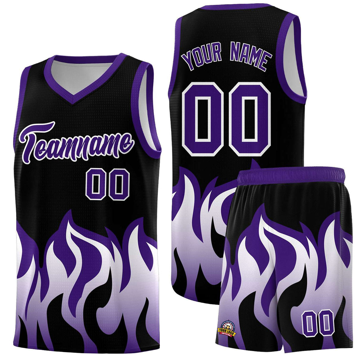 Custom Black Purple Hem Flame Pattern Fashion Sports Uniform Basketball Kits