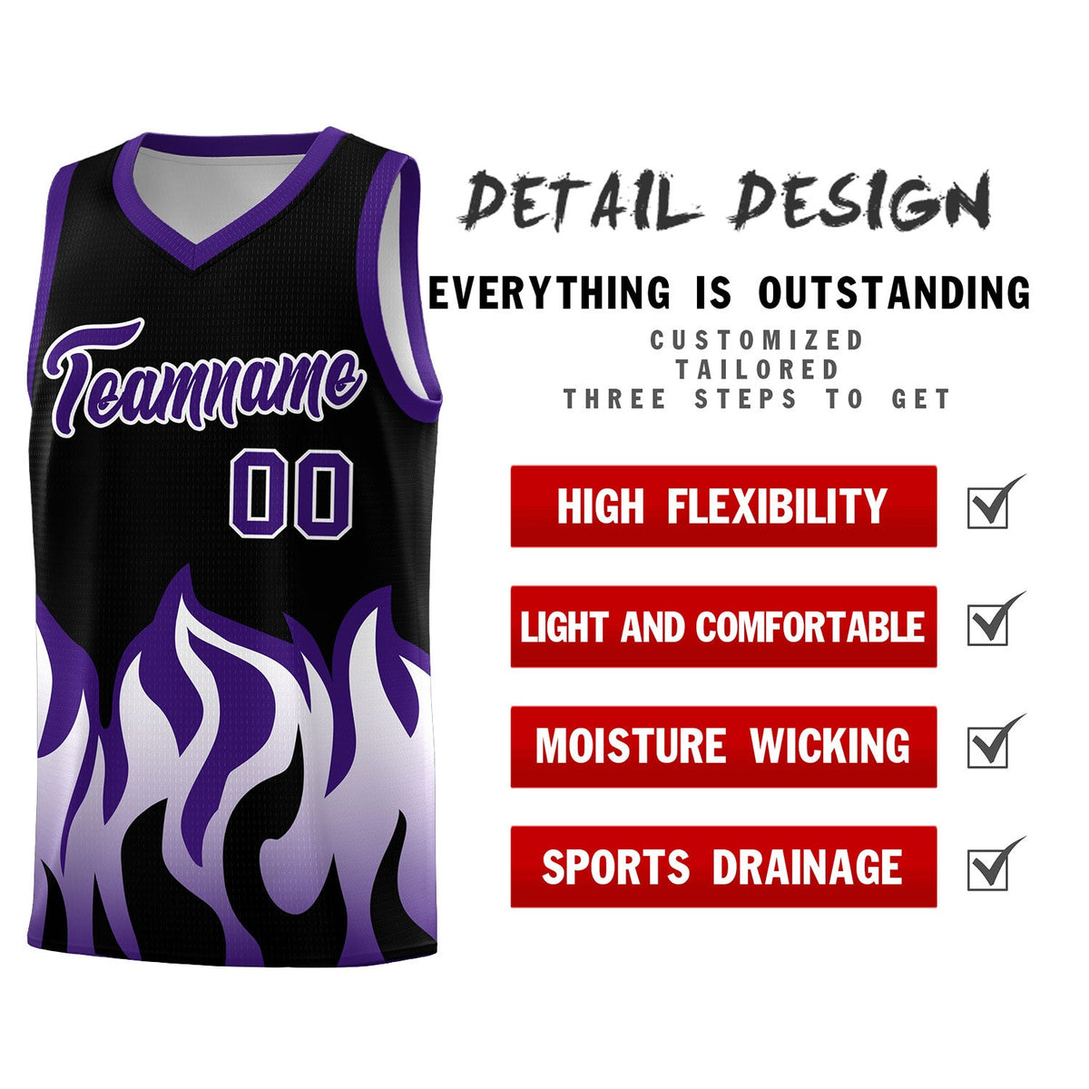 Custom Black Purple Hem Flame Pattern Fashion Sports Uniform Basketball Kits