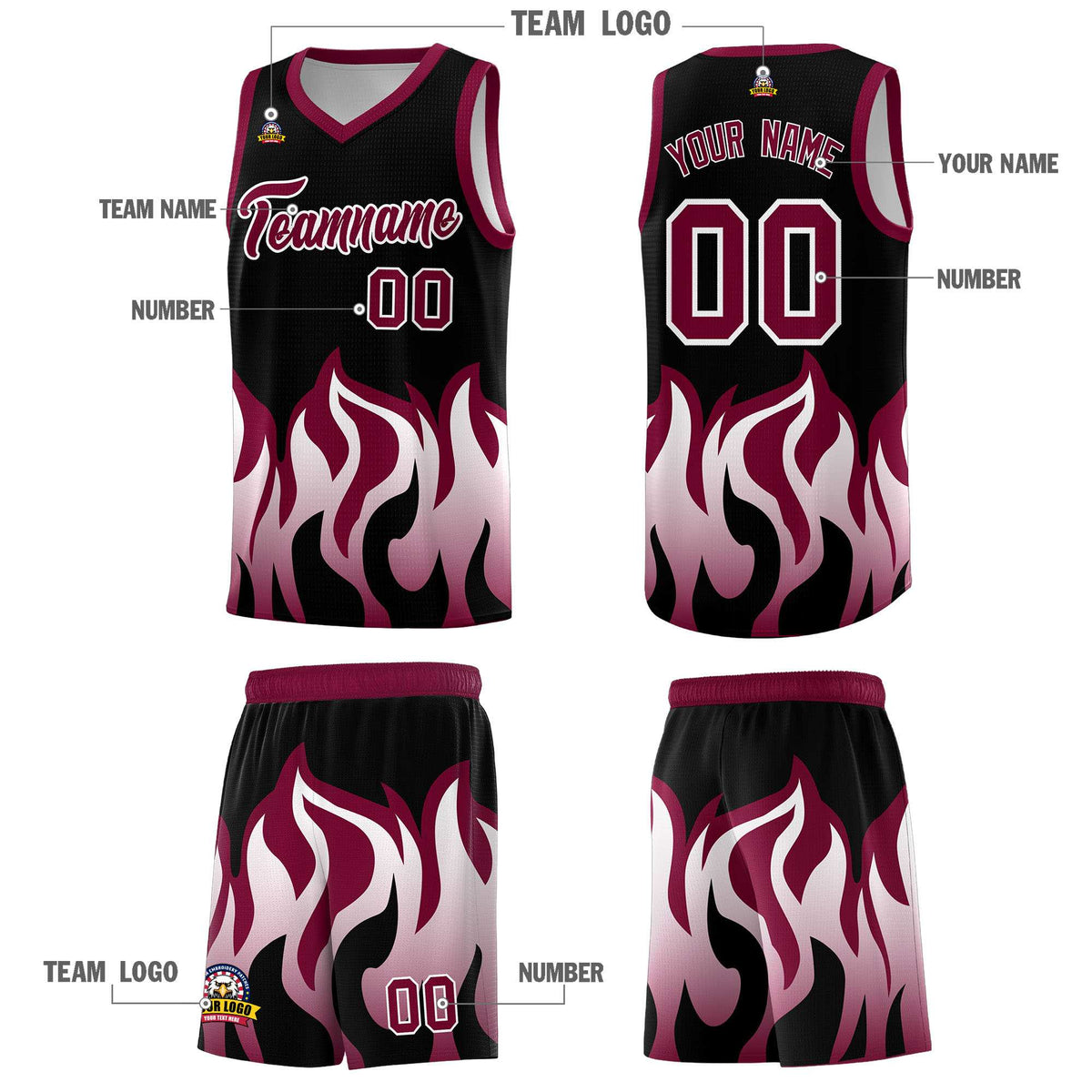 Custom Black Crimson Hem Flame Pattern Fashion Sports Uniform Basketball Kits