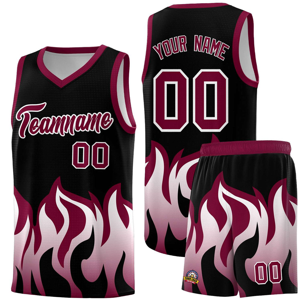 Custom Black Crimson Hem Flame Pattern Fashion Sports Uniform Basketball Kits