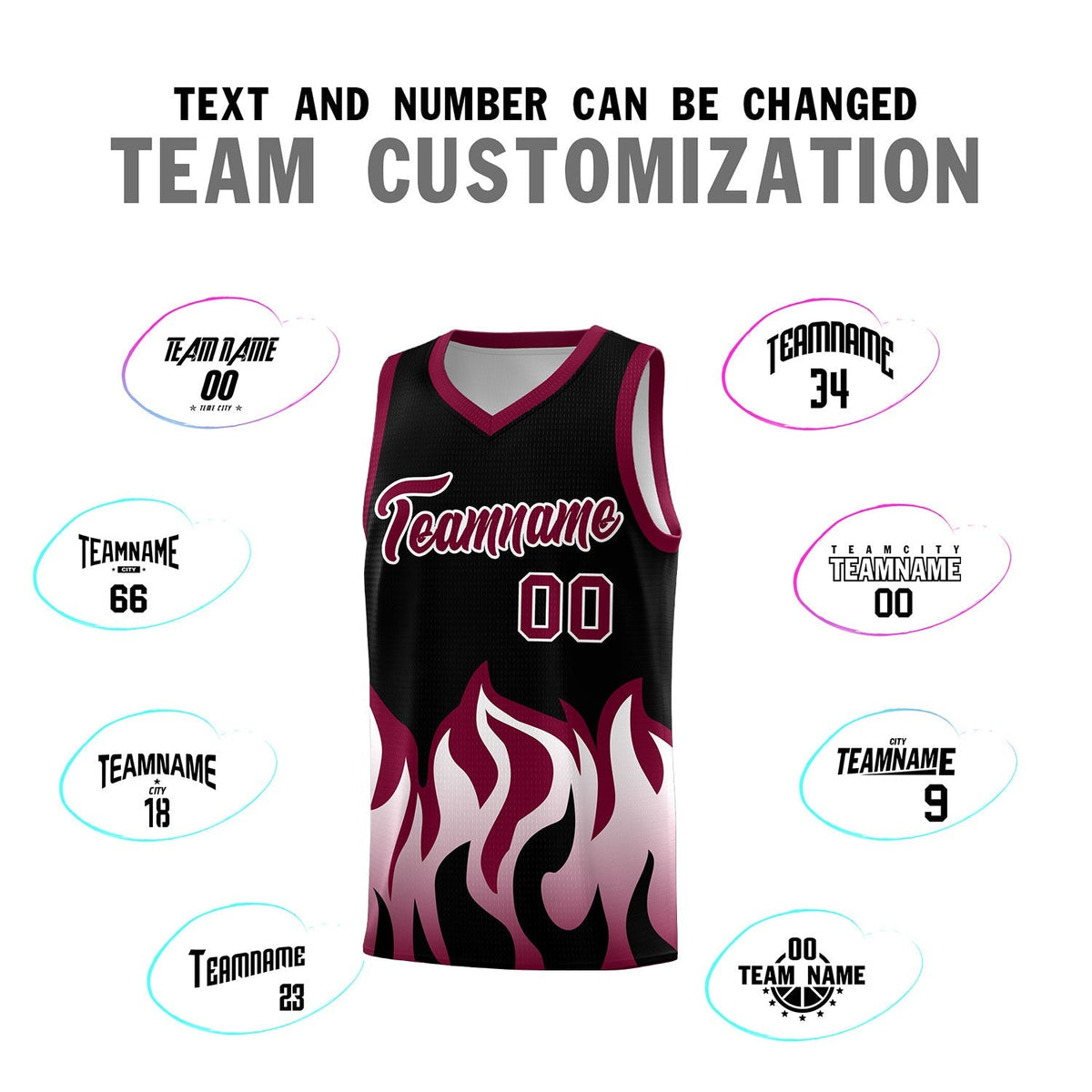 Custom Black Crimson Hem Flame Pattern Fashion Sports Uniform Basketball Kits