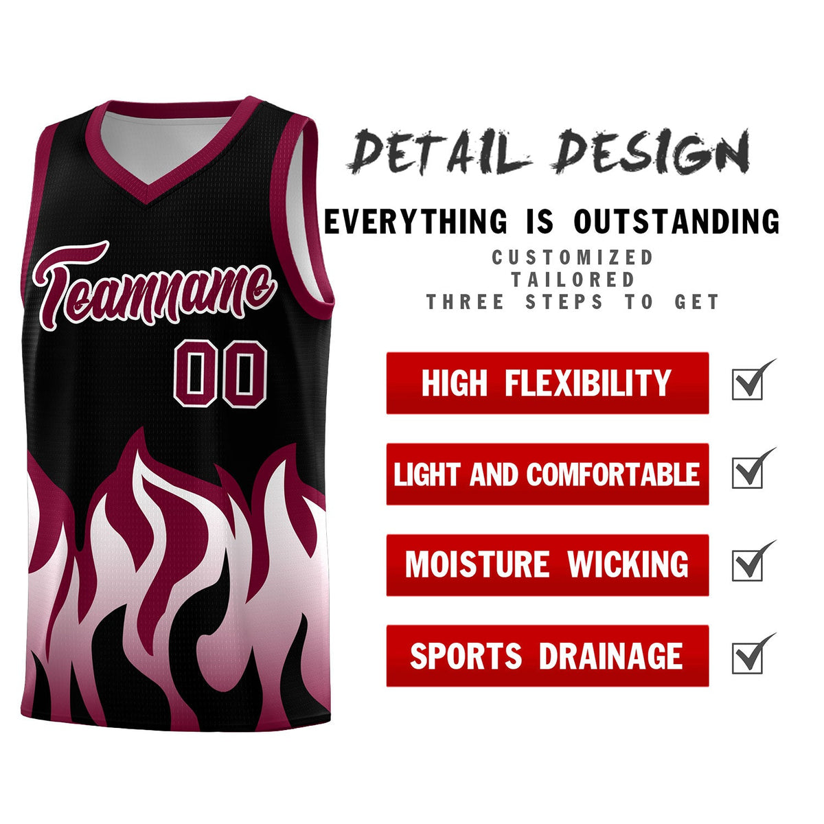 Custom Black Crimson Hem Flame Pattern Fashion Sports Uniform Basketball Kits