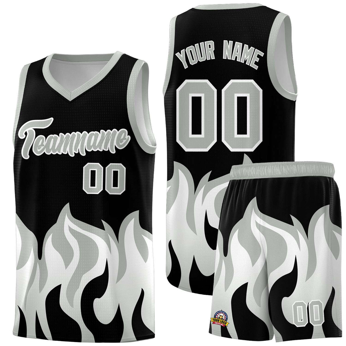 Custom Black Gray Hem Flame Pattern Fashion Sports Uniform Basketball Kits