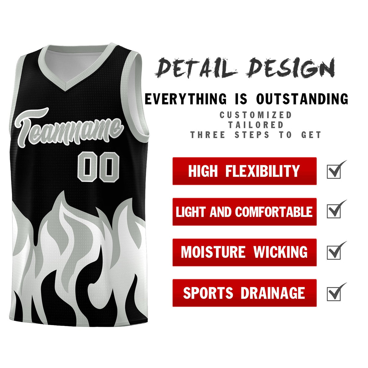 Custom Black Gray Hem Flame Pattern Fashion Sports Uniform Basketball Kits