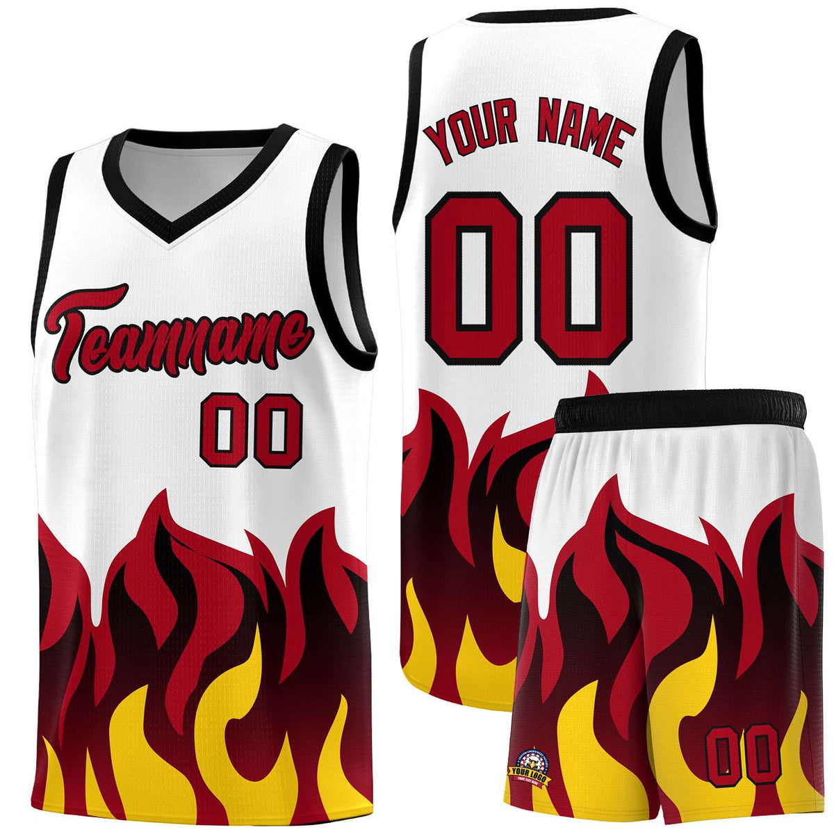 Custom White Red Hem Flame Pattern Fashion Sports Uniform Basketball Kits