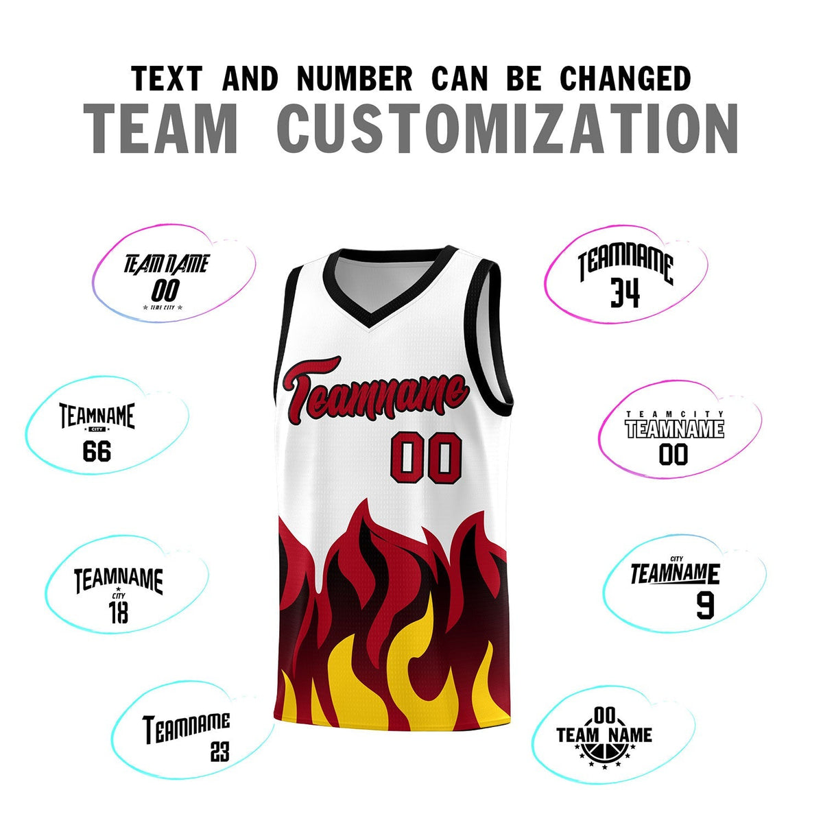 Custom White Red Hem Flame Pattern Fashion Sports Uniform Basketball Kits