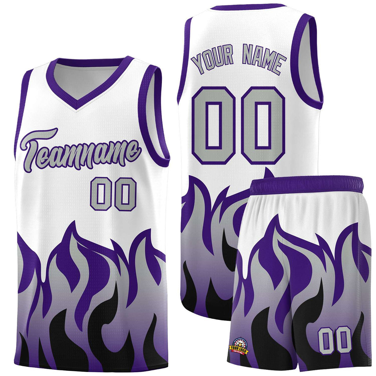 Custom White Purple Hem Flame Pattern Fashion Sports Uniform Basketball Kits