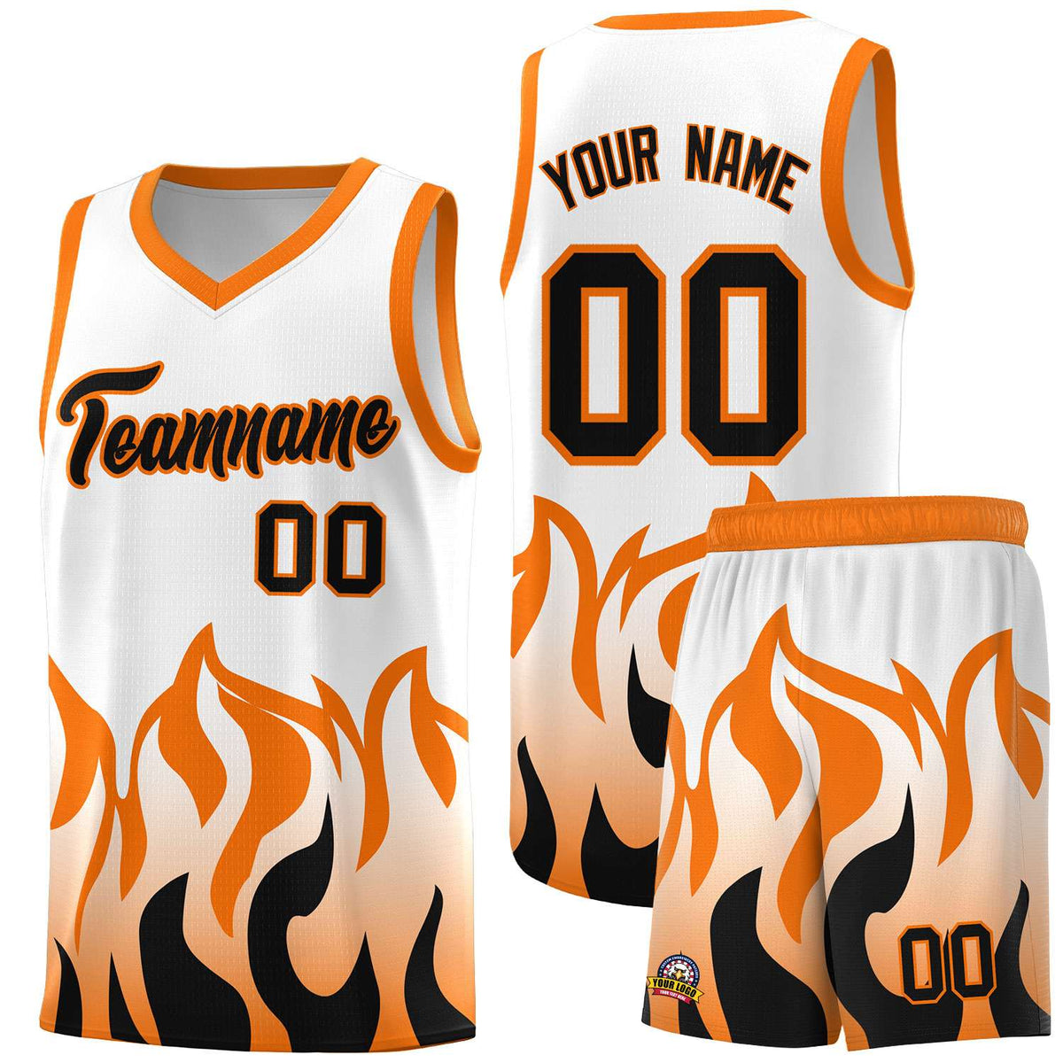Custom White Orange Hem Flame Pattern Fashion Sports Uniform Basketball Kits