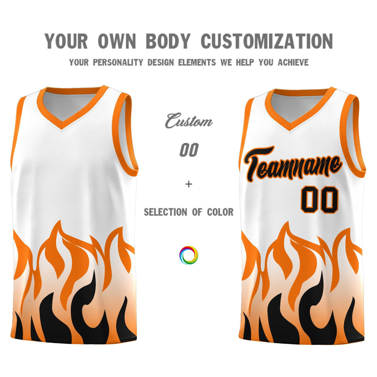 Custom White Orange Hem Flame Pattern Fashion Sports Uniform Basketball Kits