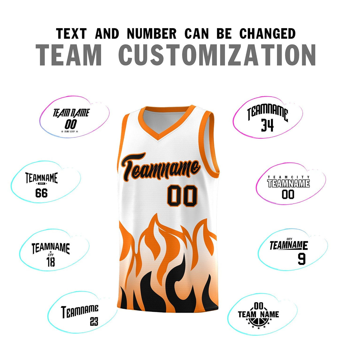 Custom White Orange Hem Flame Pattern Fashion Sports Uniform Basketball Kits