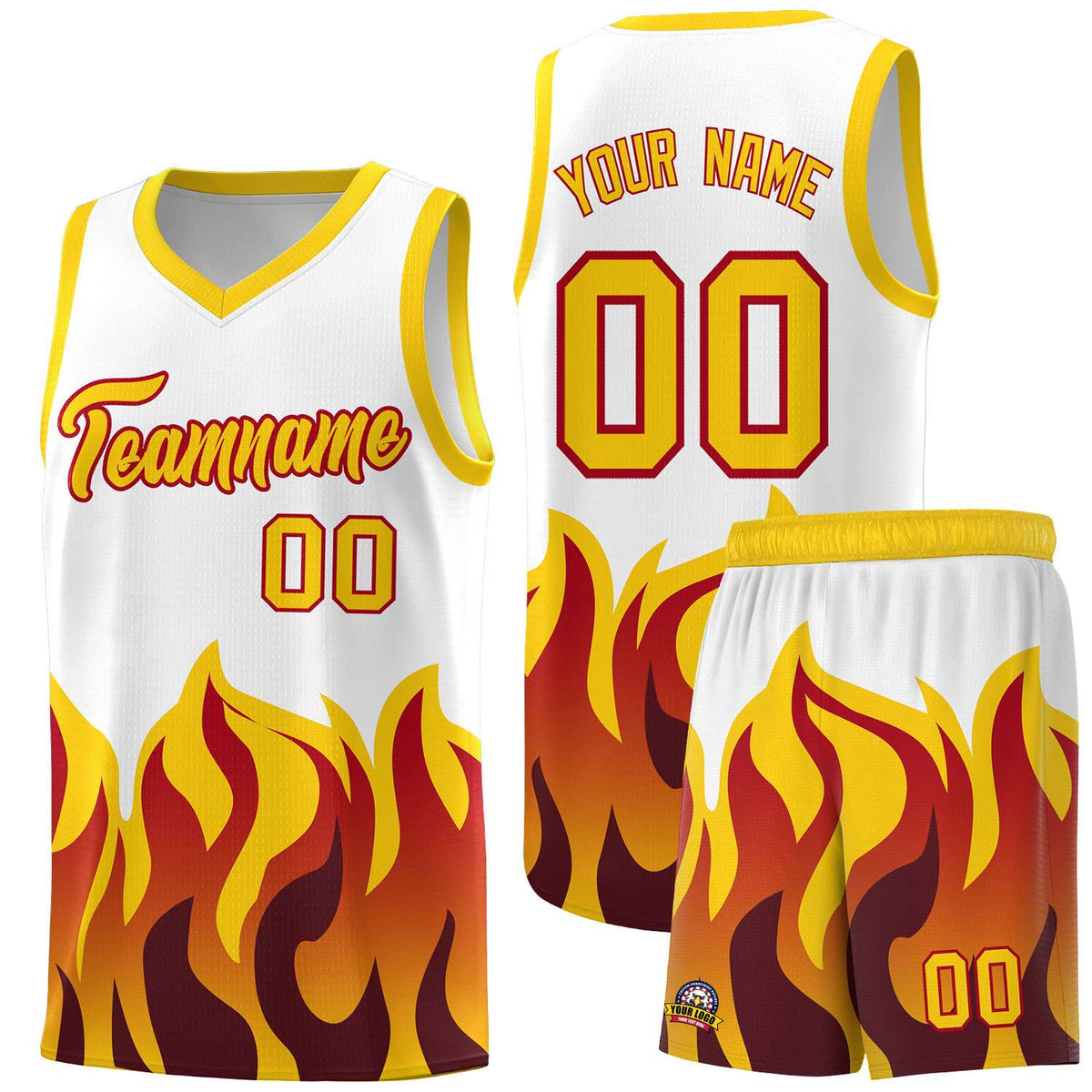 Custom White Gold Hem Flame Pattern Fashion Sports Uniform Basketball Kits