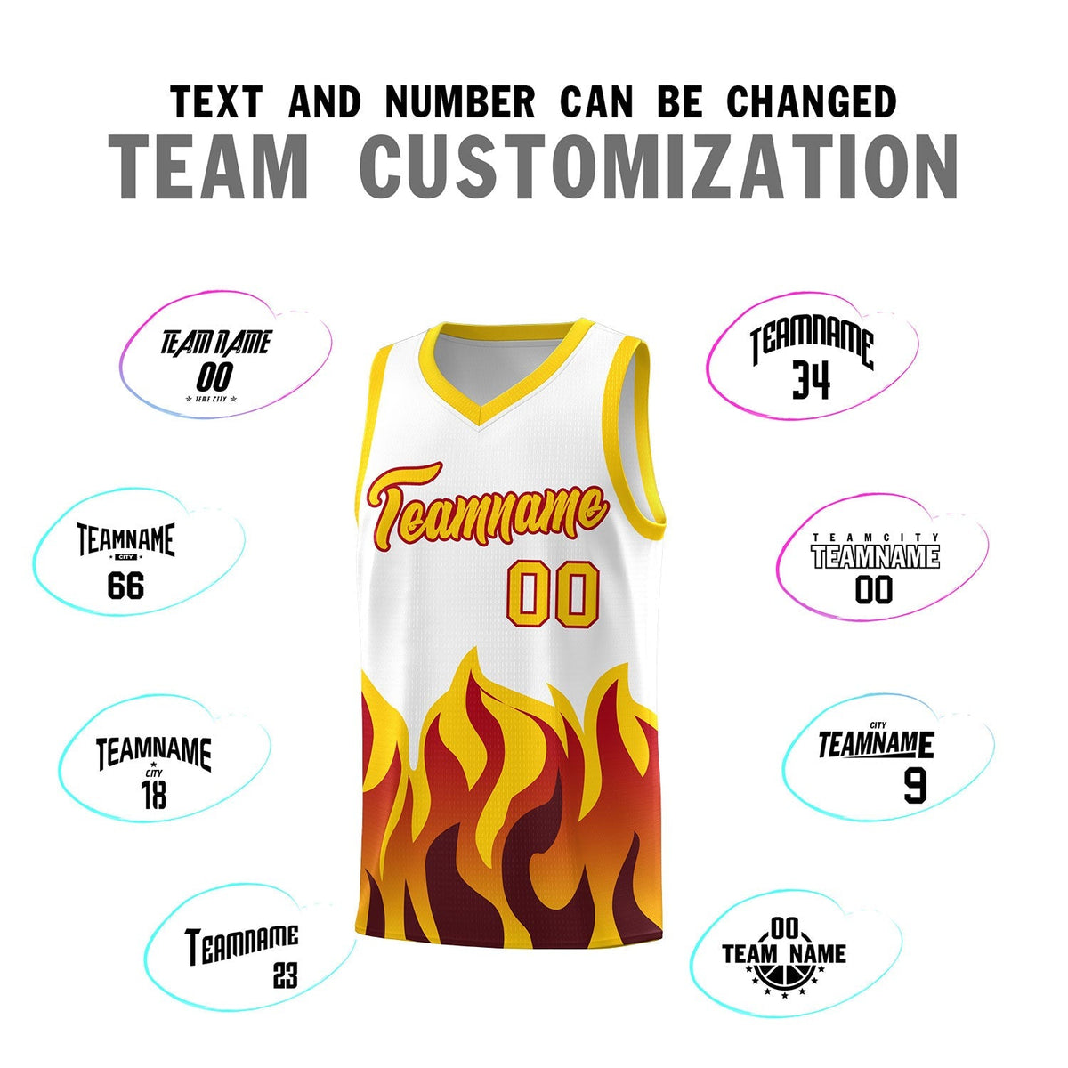 Custom White Gold Hem Flame Pattern Fashion Sports Uniform Basketball Kits
