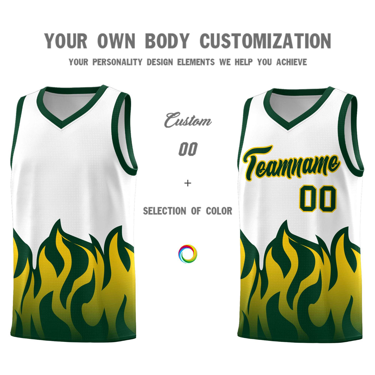 Custom White Hunter Green Hem Flame Pattern Fashion Sports Uniform Basketball Kits