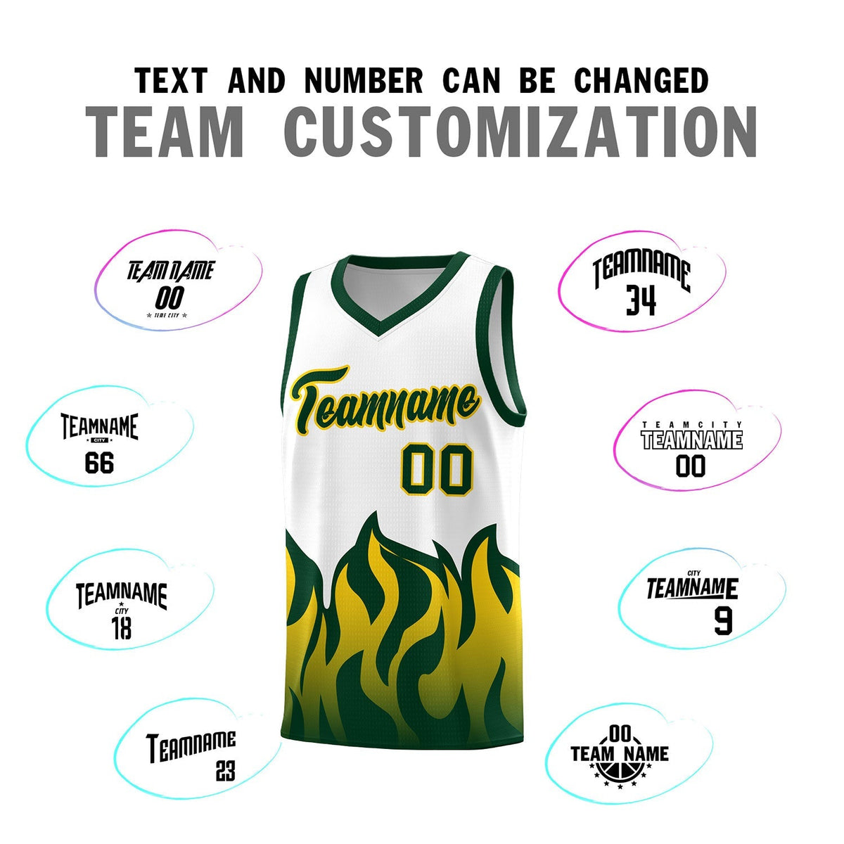 Custom White Hunter Green Hem Flame Pattern Fashion Sports Uniform Basketball Kits