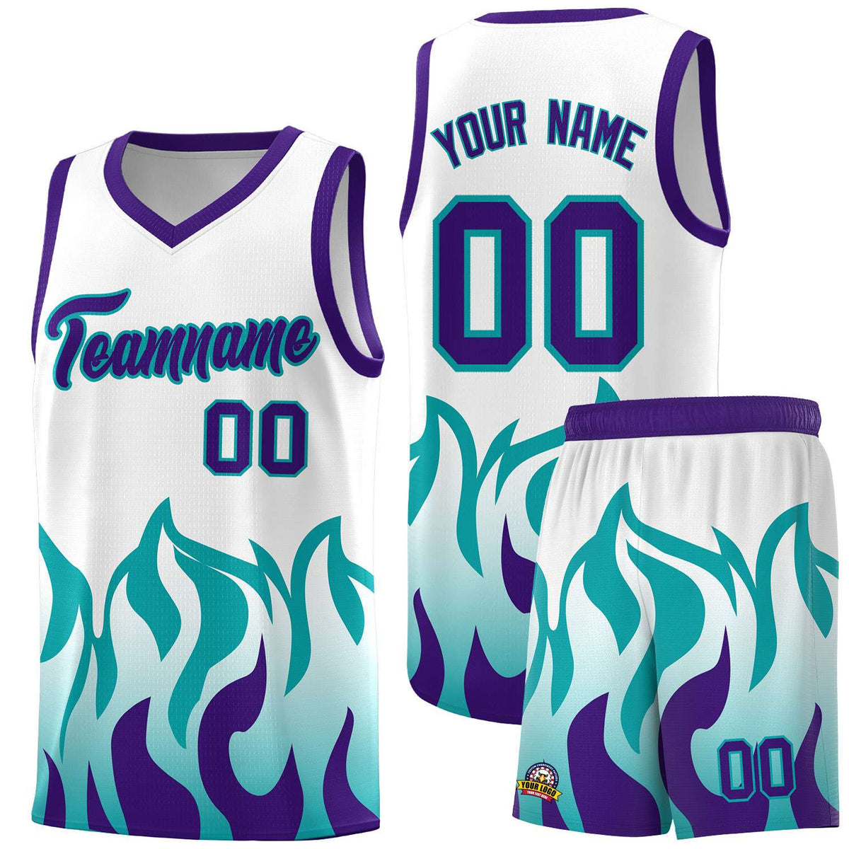 Custom White Aqua Hem Flame Pattern Fashion Sports Uniform Basketball Kits