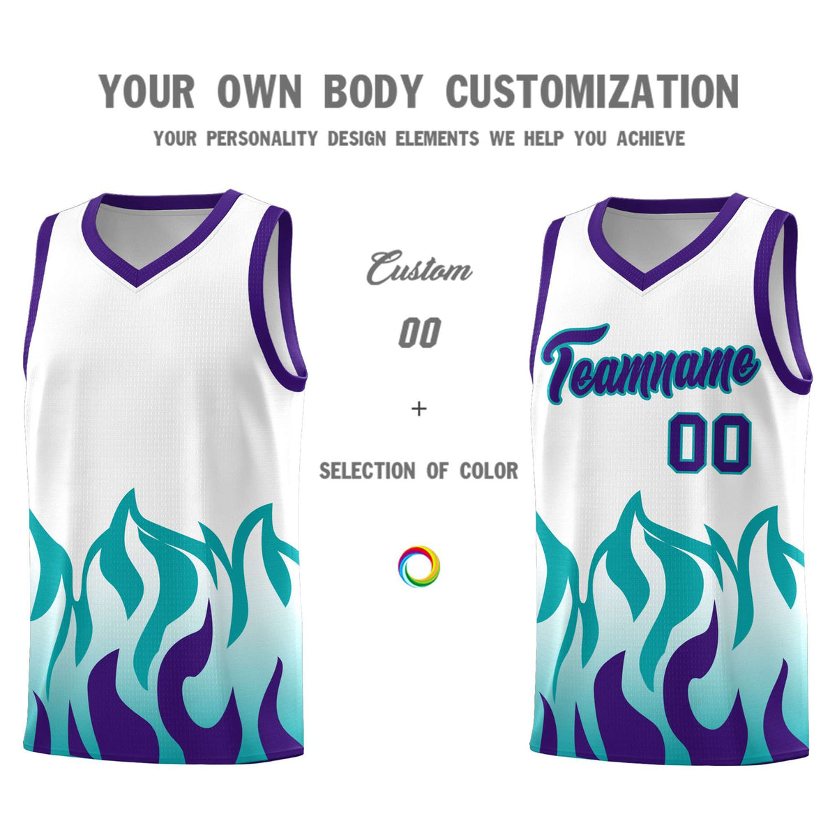 Custom White Aqua Hem Flame Pattern Fashion Sports Uniform Basketball Kits