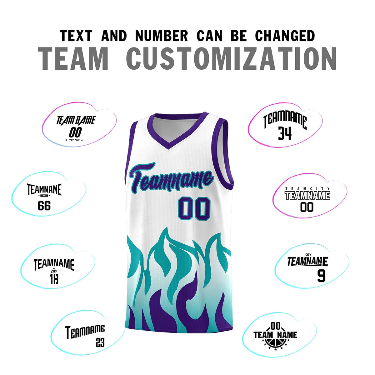 Custom White Aqua Hem Flame Pattern Fashion Sports Uniform Basketball Kits